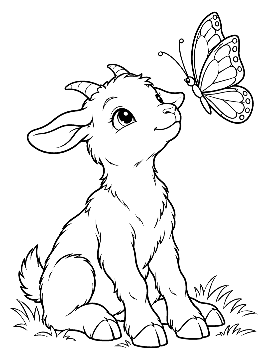 Seated young goat looking up at a large butterfly on a black-and-white coloring page