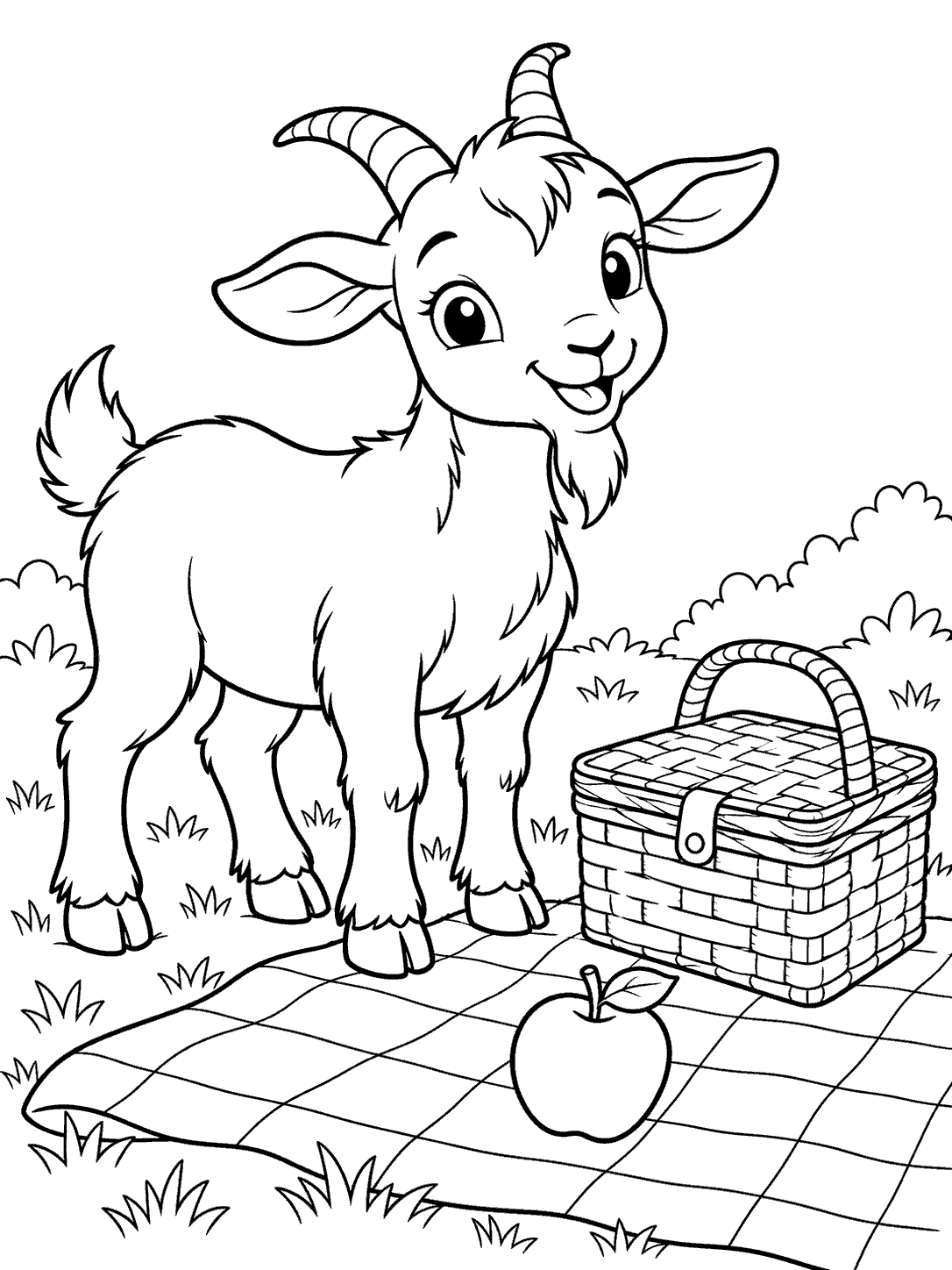 Black-and-white goat at a picnic coloring page with a woven basket, apple, and checkered blanket.