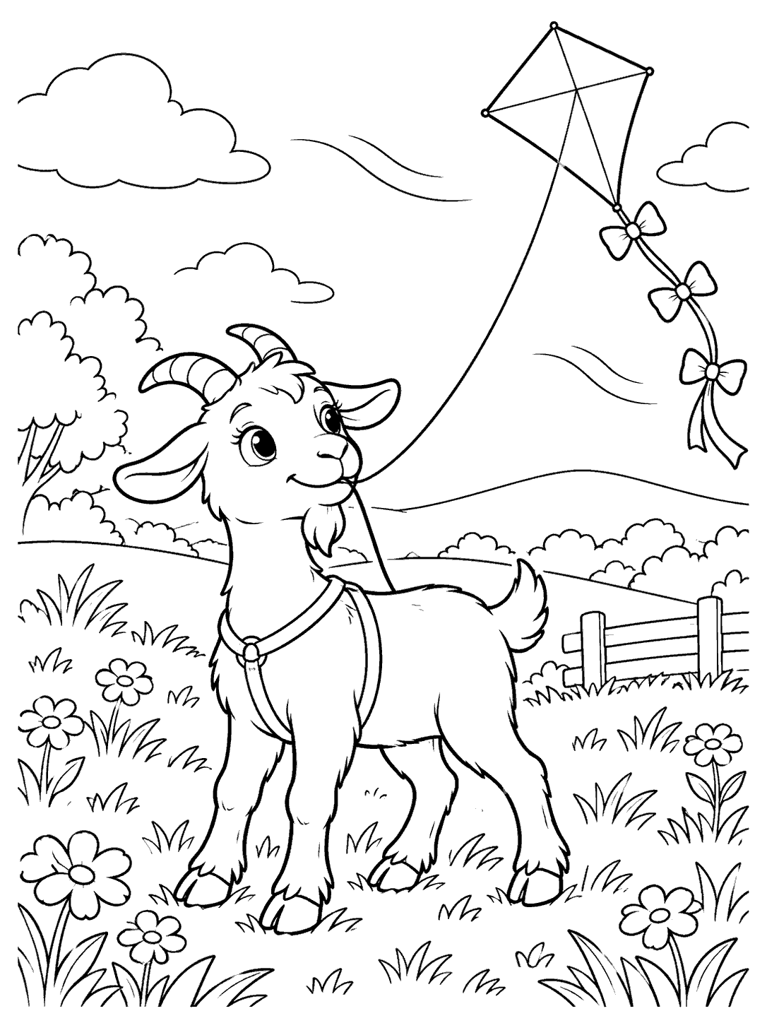 A goat wearing a simple harness holds a kite string in its mouth as a bow-tailed kite flies over a flower-filled meadow.