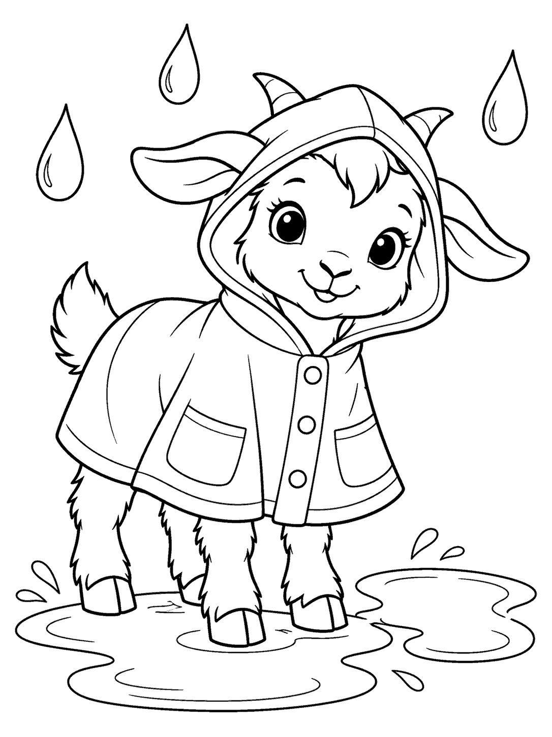 Young goat in a hooded raincoat standing in puddles beneath three raindrops, black-and-white coloring page