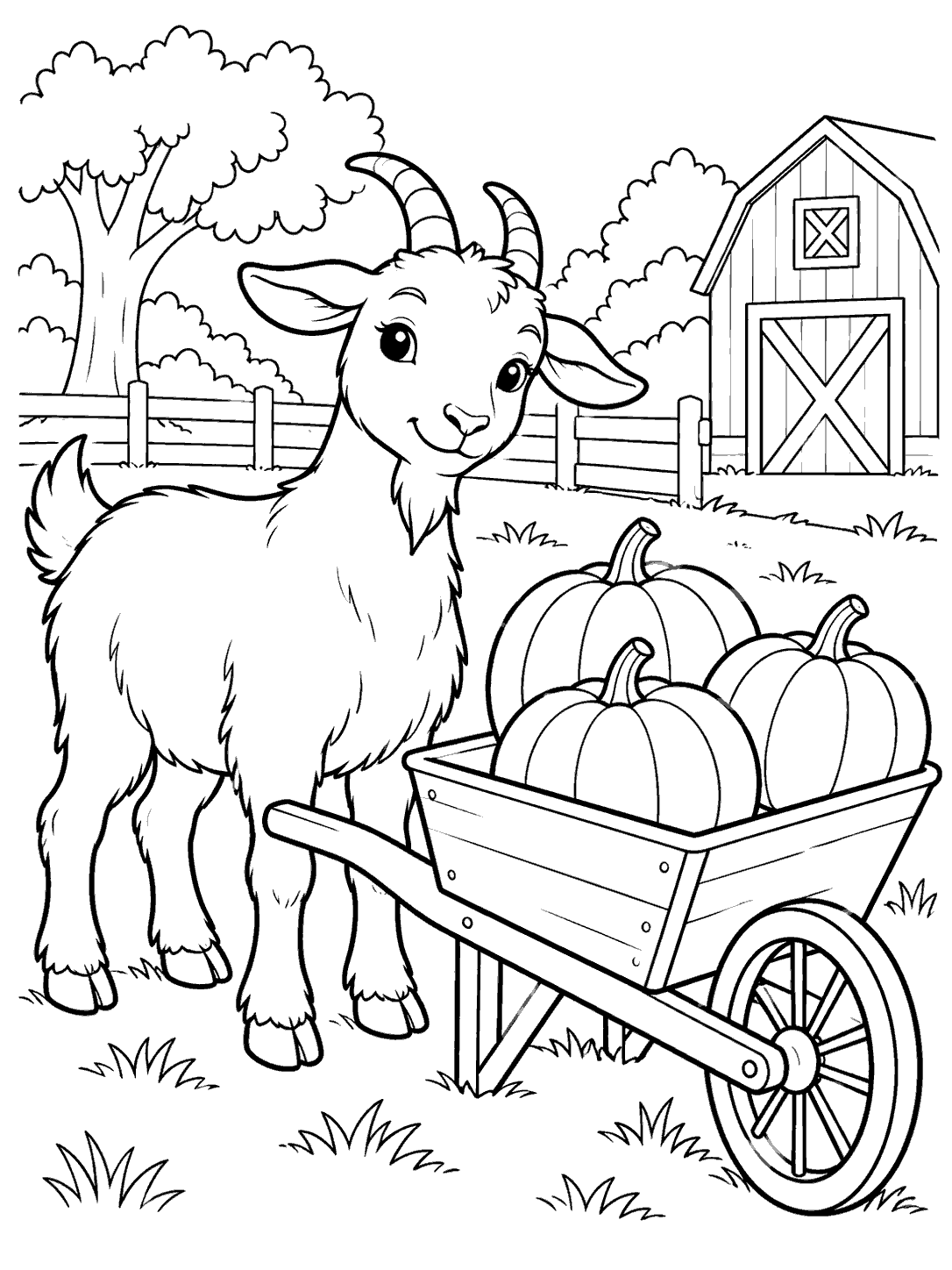 Black and white goat coloring page with a pumpkin-filled wheelbarrow on a farm