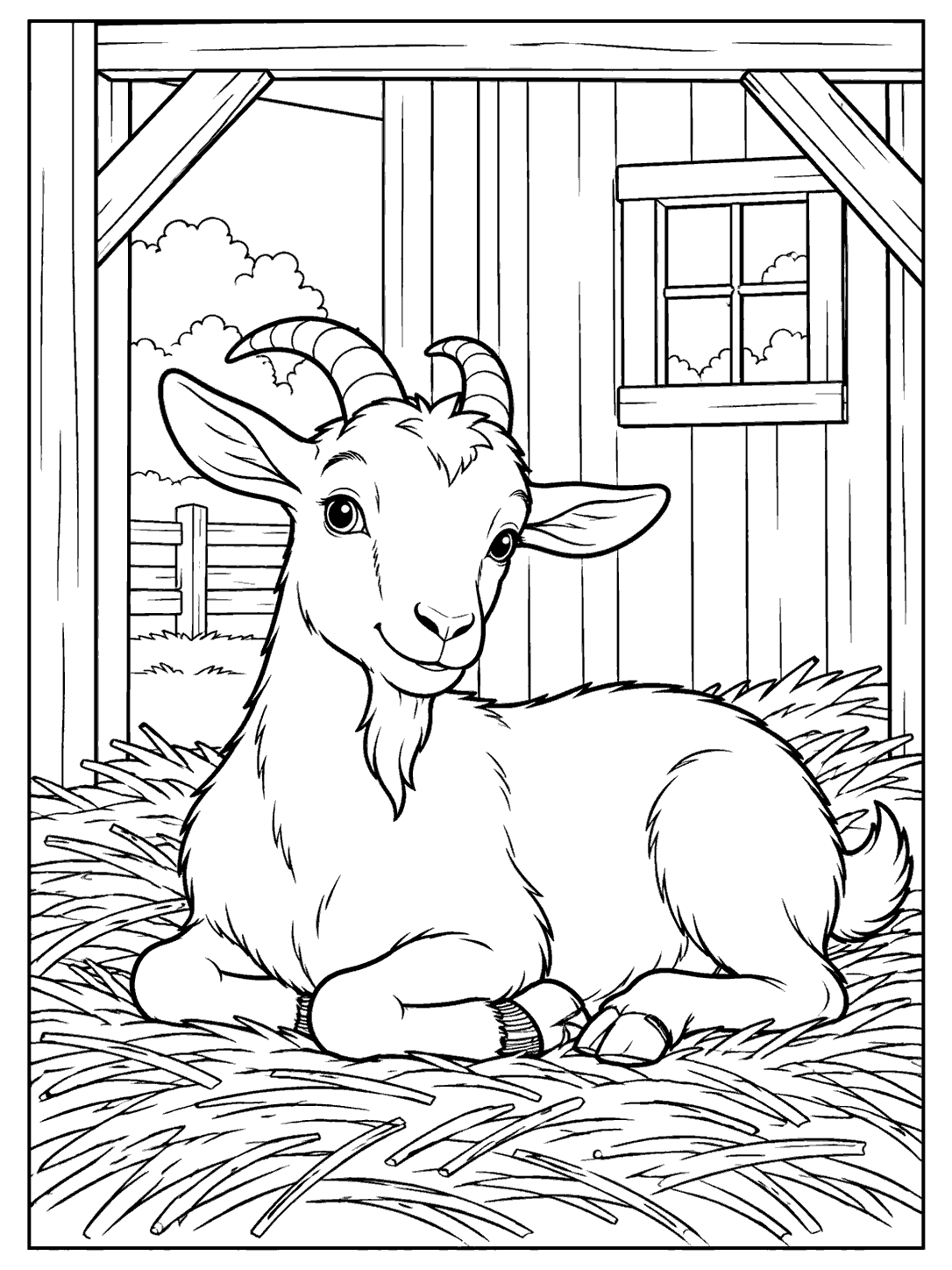 A fully visible goat lying on straw inside a barn, with wooden beams and a square window, drawn in black outlines for coloring.