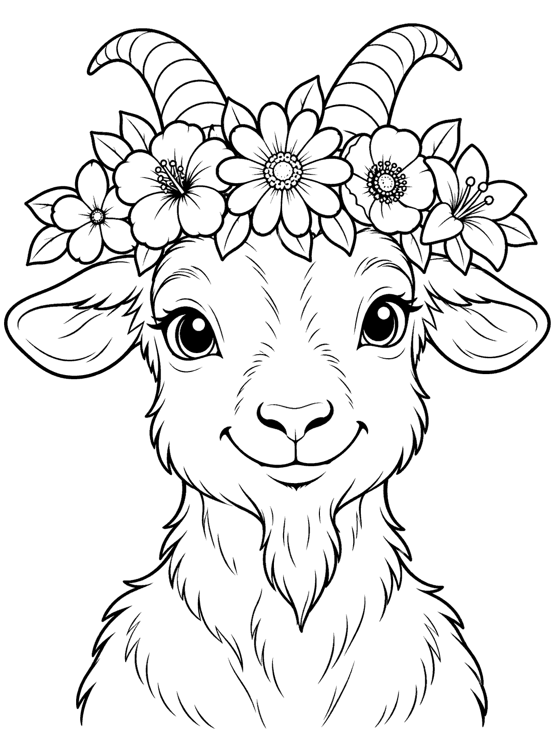 Forward-facing smiling goat with a flower crown coloring page