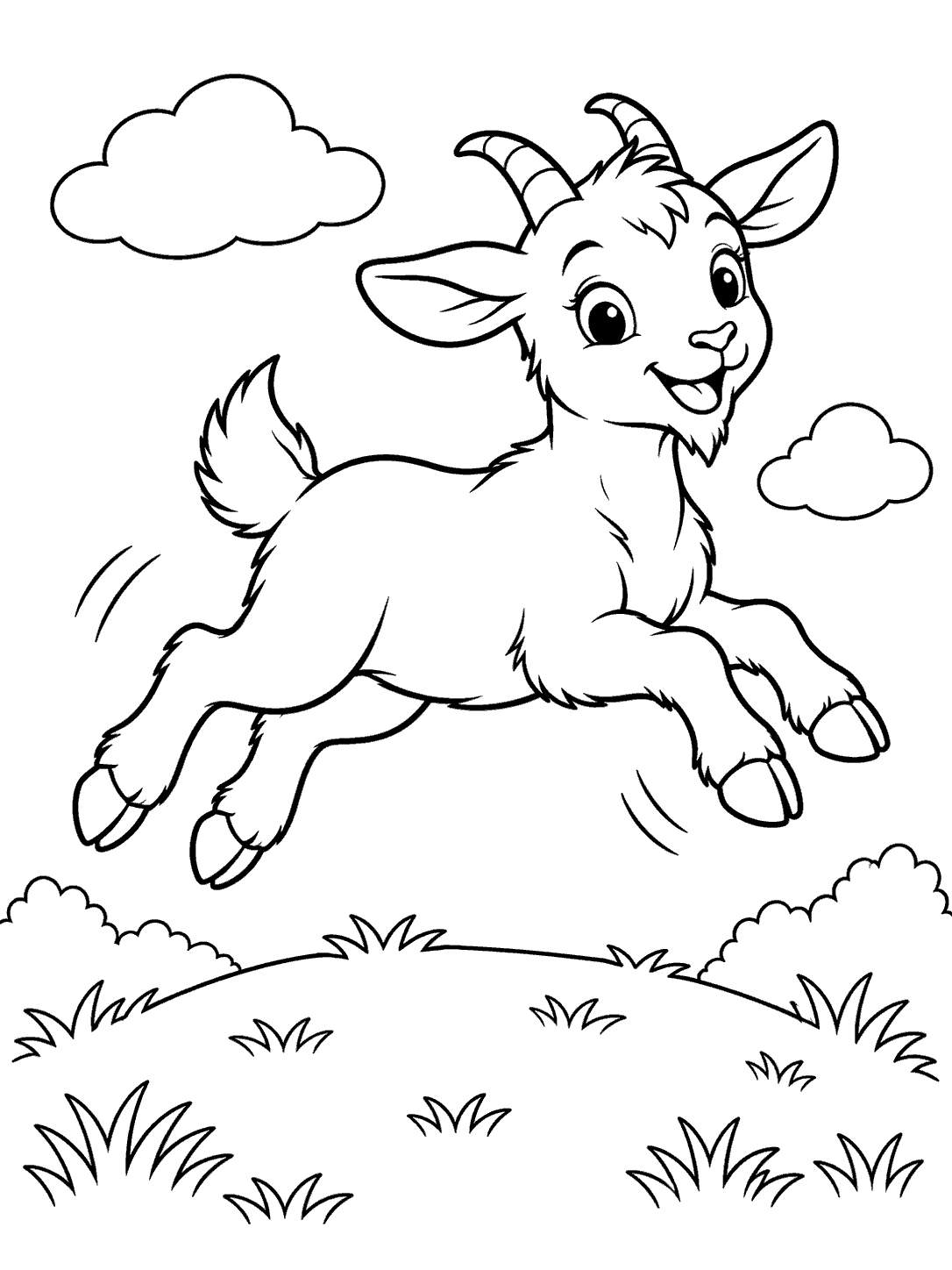 Black-outline coloring page of a young goat leaping over a grassy hill beneath two clouds.