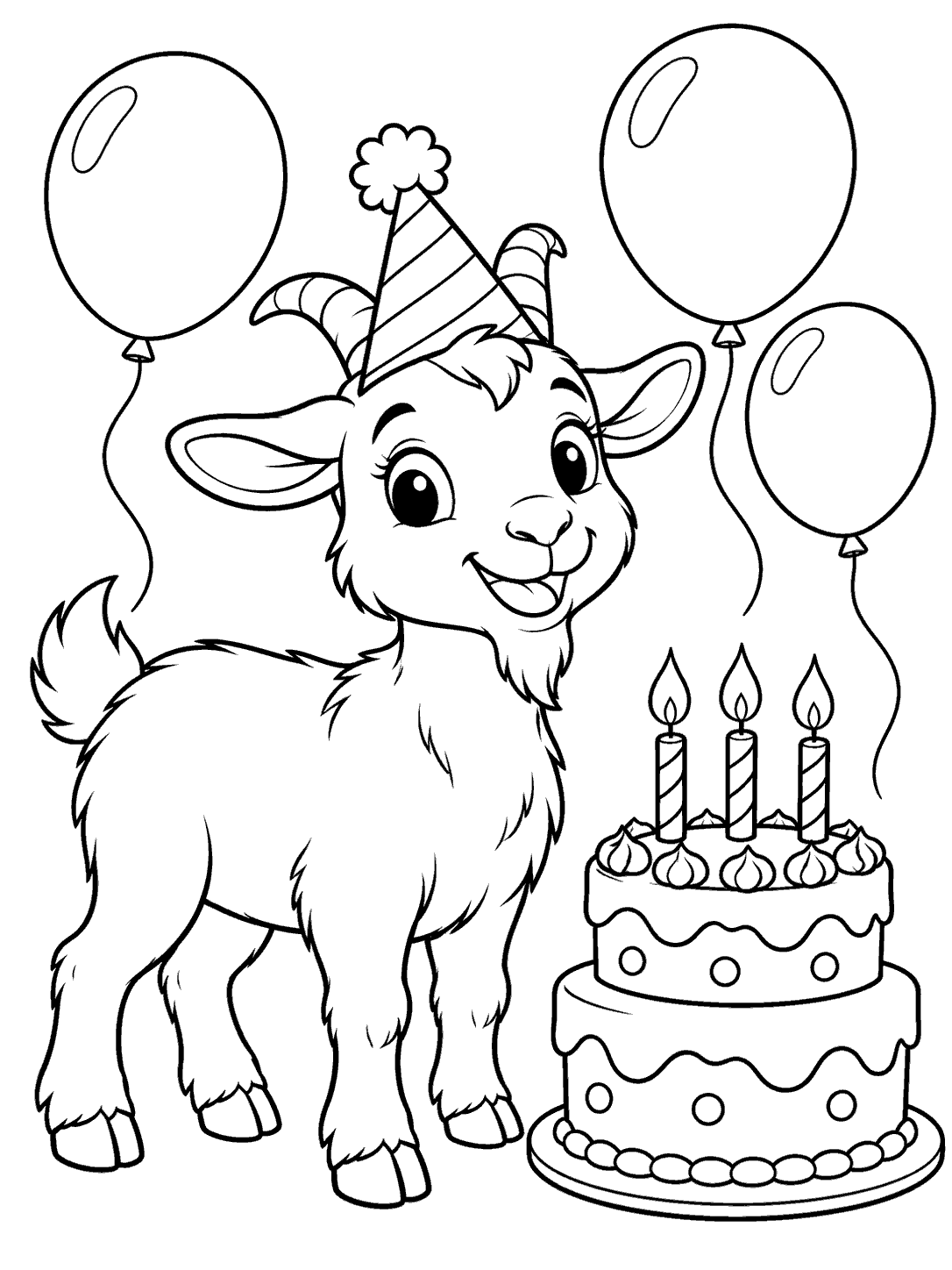 Cheerful goat in a party hat beside a three-candle birthday cake, with balloons in the background.