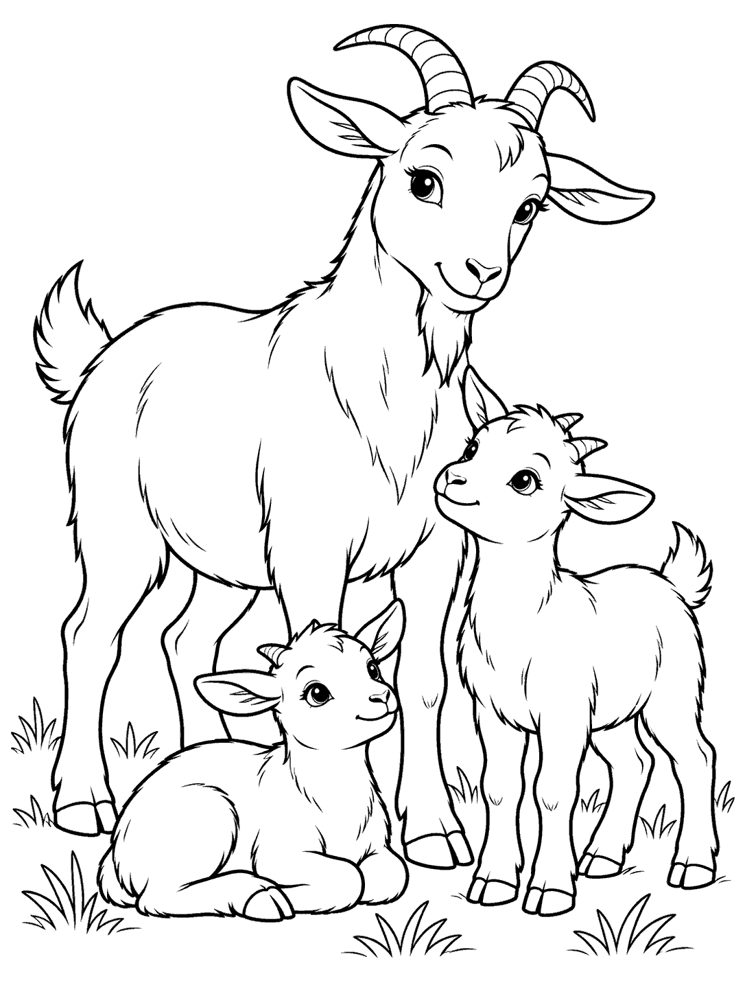 Black and white coloring page of an adult goat standing beside one standing kid and one seated kid in a pasture.