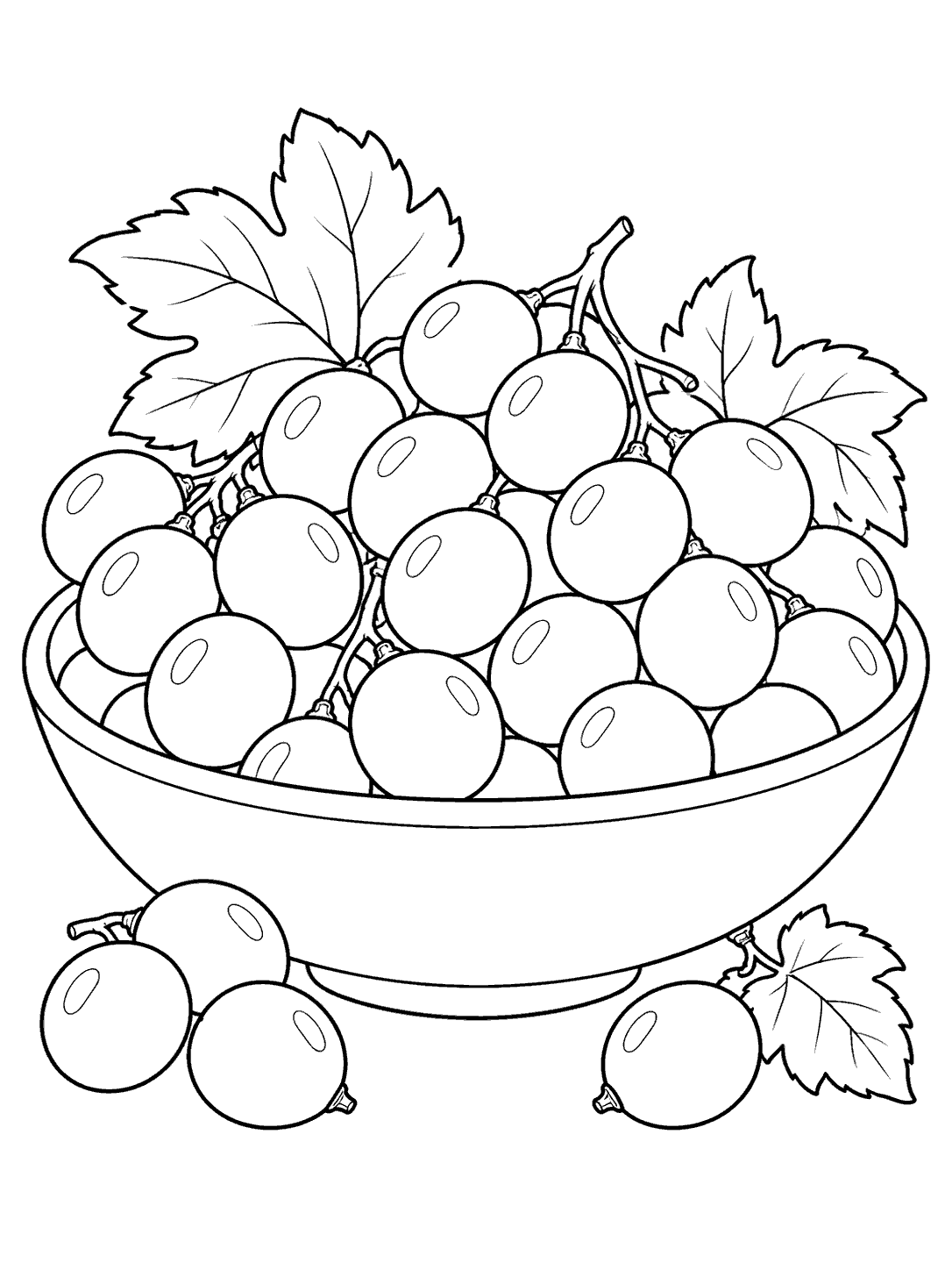 Black and white grapes coloring page showing round grapes piled in a wide bowl, with loose grapes and leaves nearby.