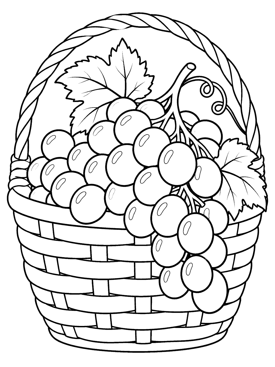 Grapes and leaves draped over a woven picnic basket coloring page