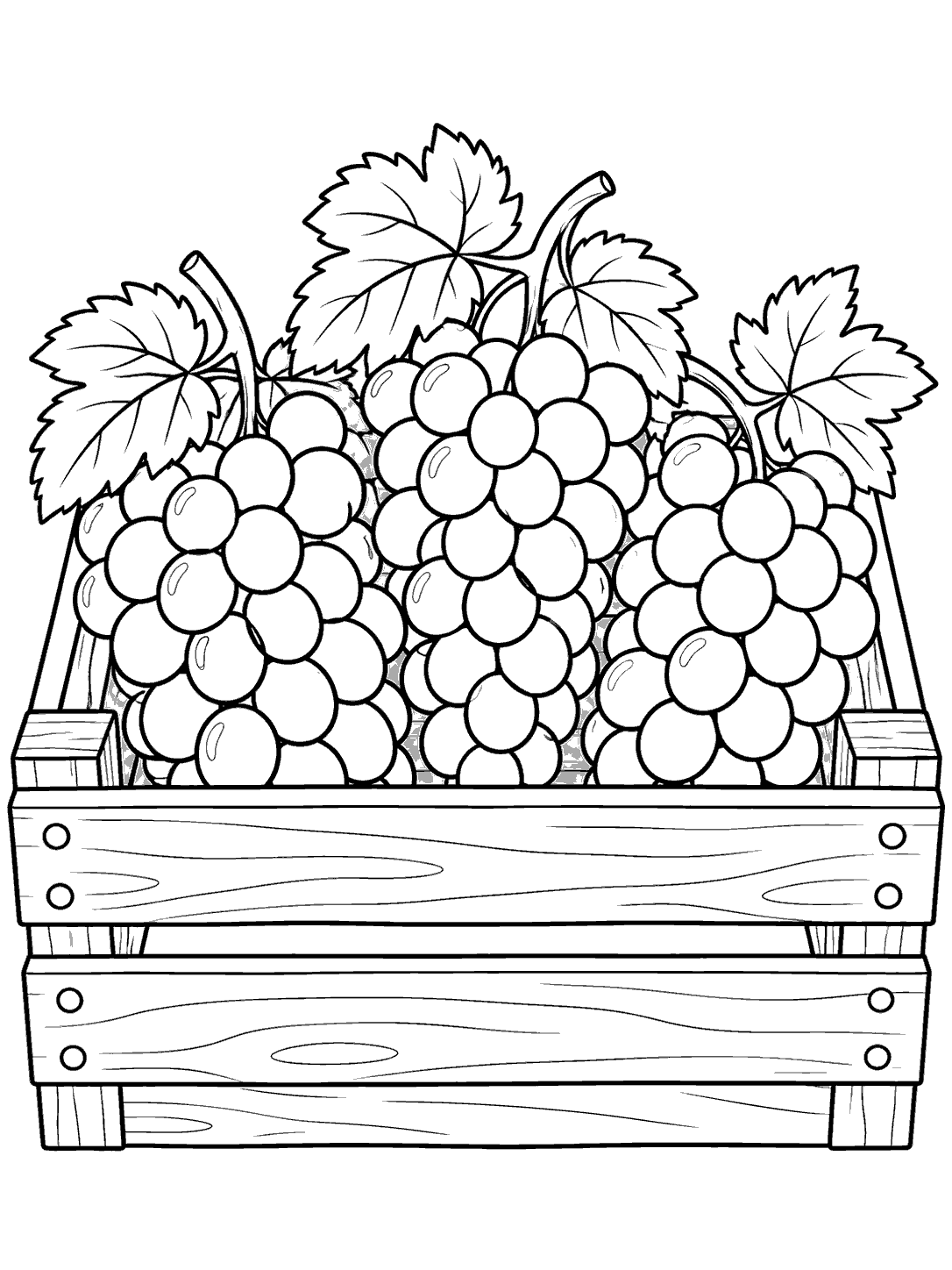 Black-and-white coloring page showing three grape bunches and leafy vines in a slatted wooden crate.