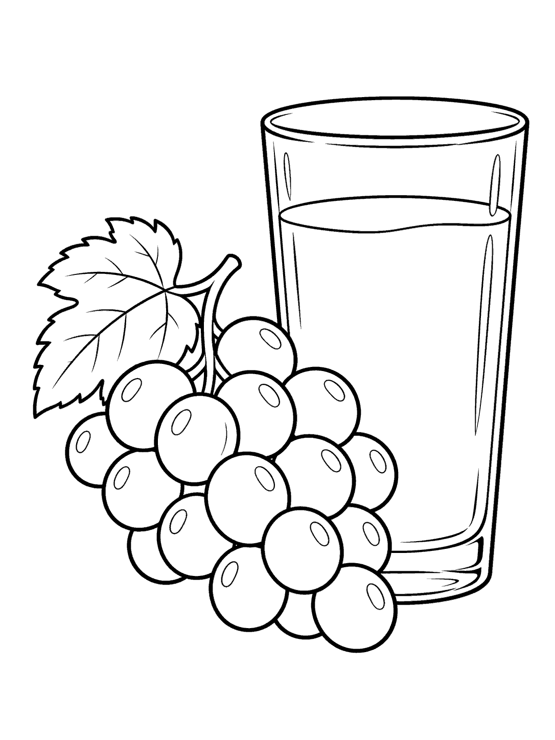 Black outline coloring page of grapes, a grape leaf, and a tall glass filled with juice