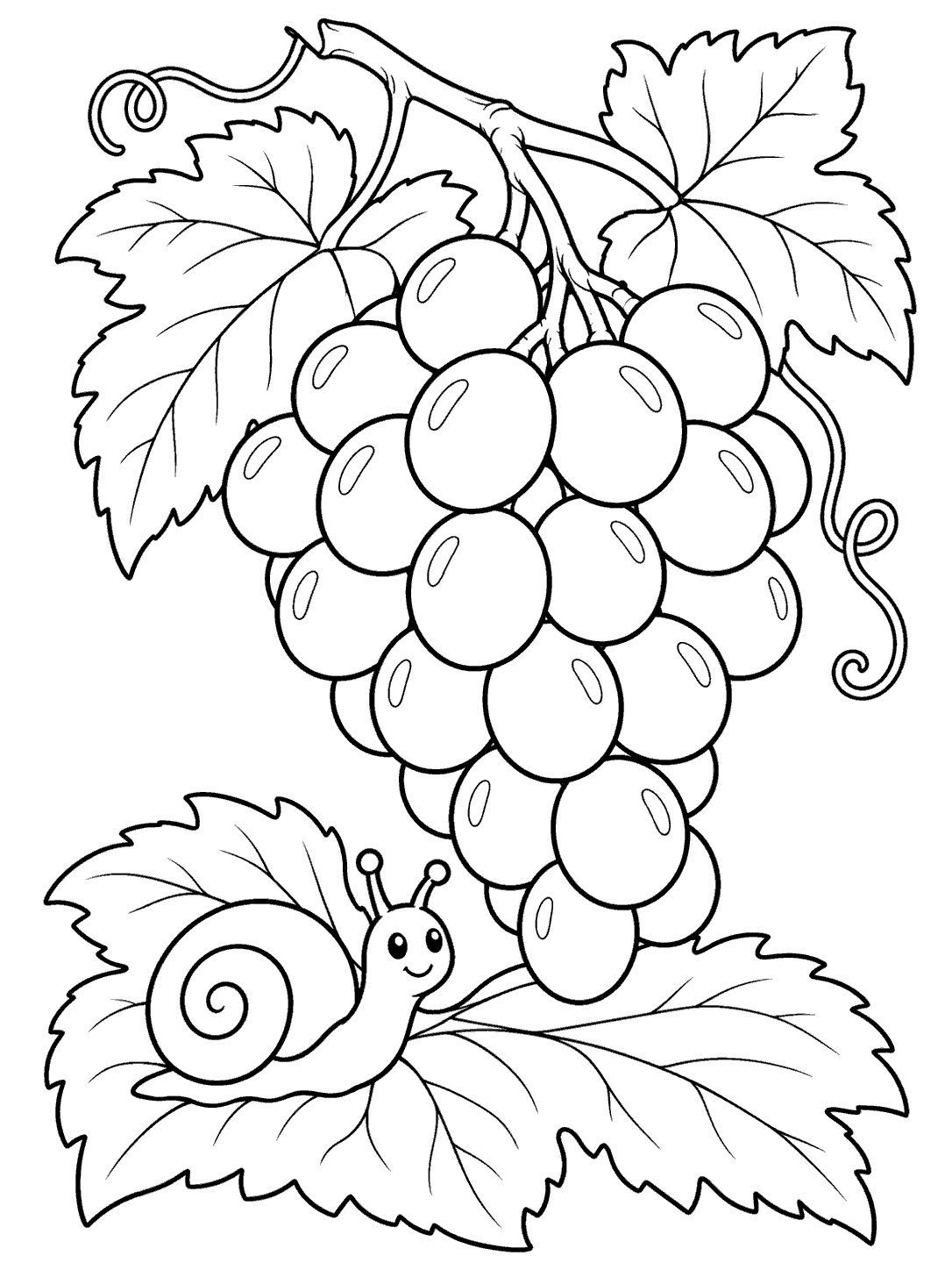 Friendly snail on a broad grape leaf beneath a large bunch of grapes, in a printable coloring page.