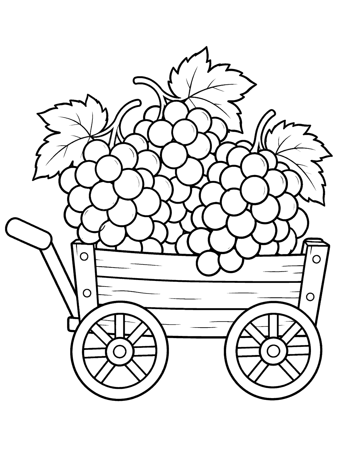 Black and white coloring page of a two-wheeled farm cart with grape bunches and leaves.