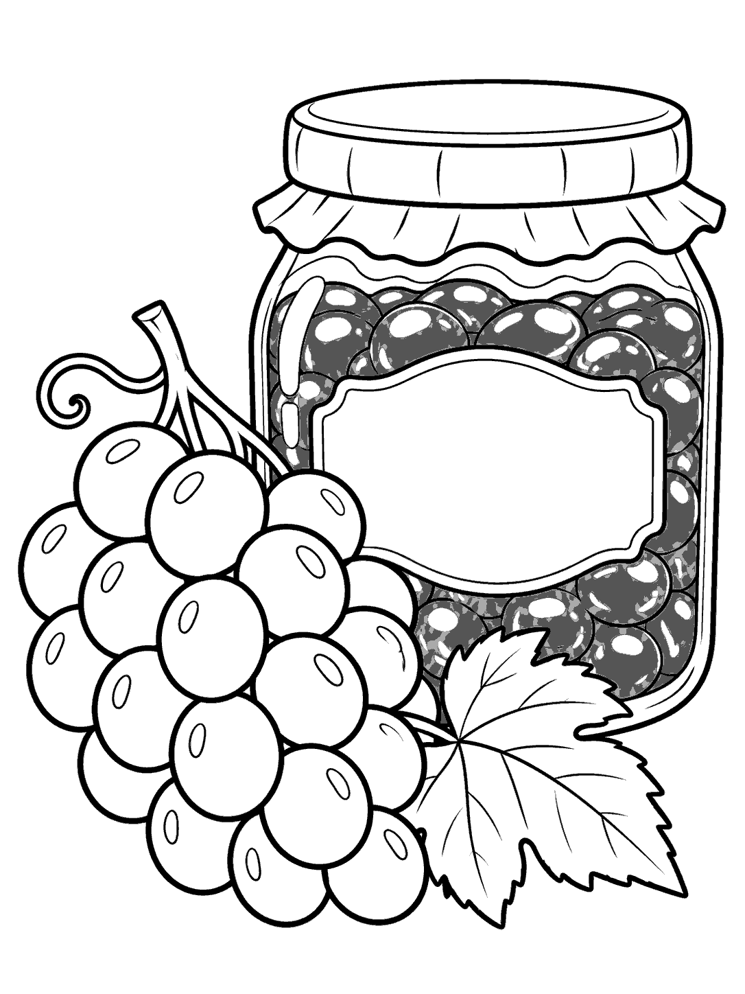 Grape bunch and leaf beside a lidded jar of preserves coloring page