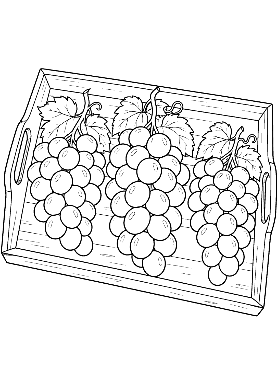 Three grape bunches with leaves arranged in a wooden serving tray coloring page