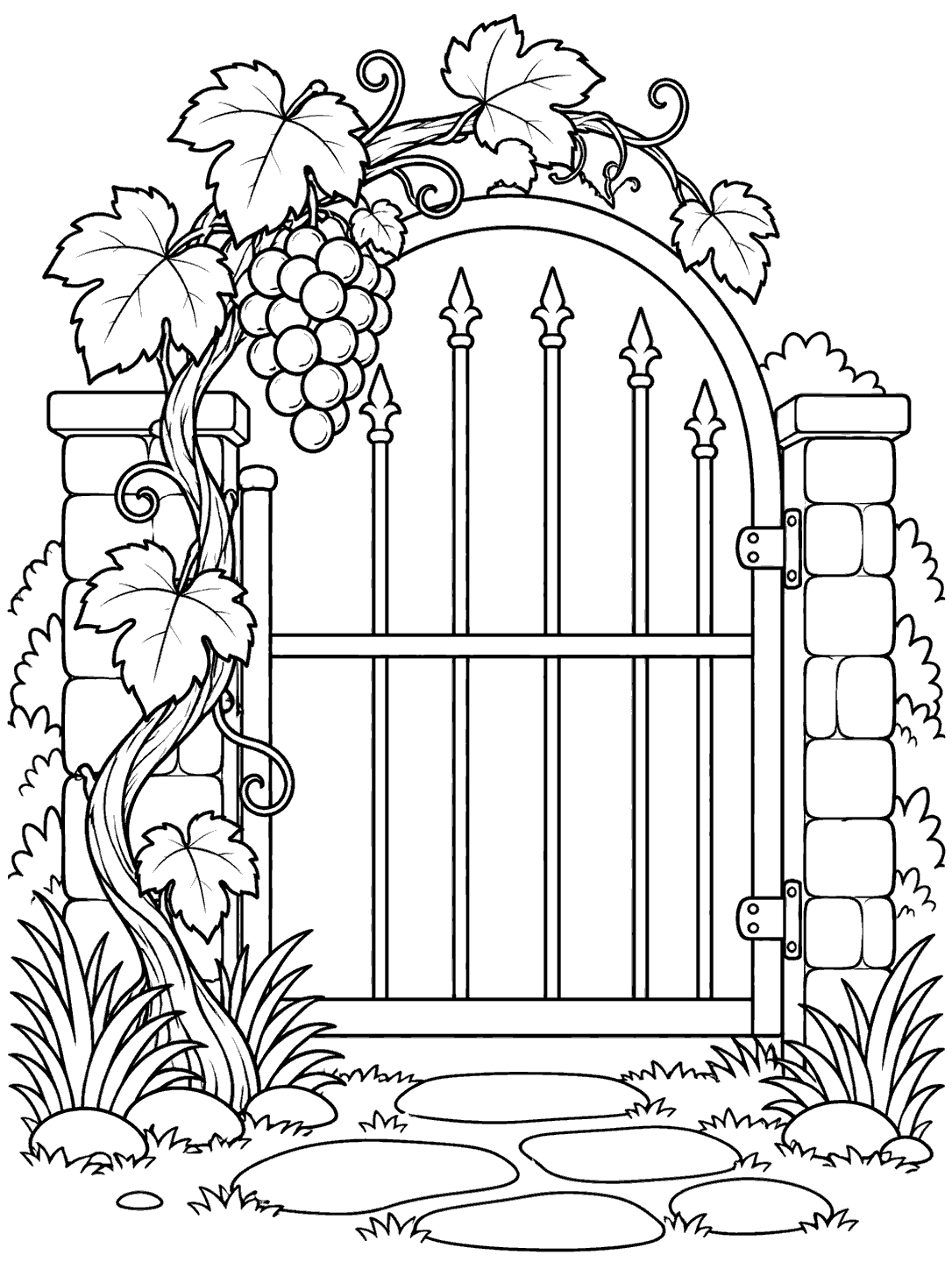 Black outline coloring page of a grapevine climbing an arched garden gate, with grapes, stone posts, and a garden path.