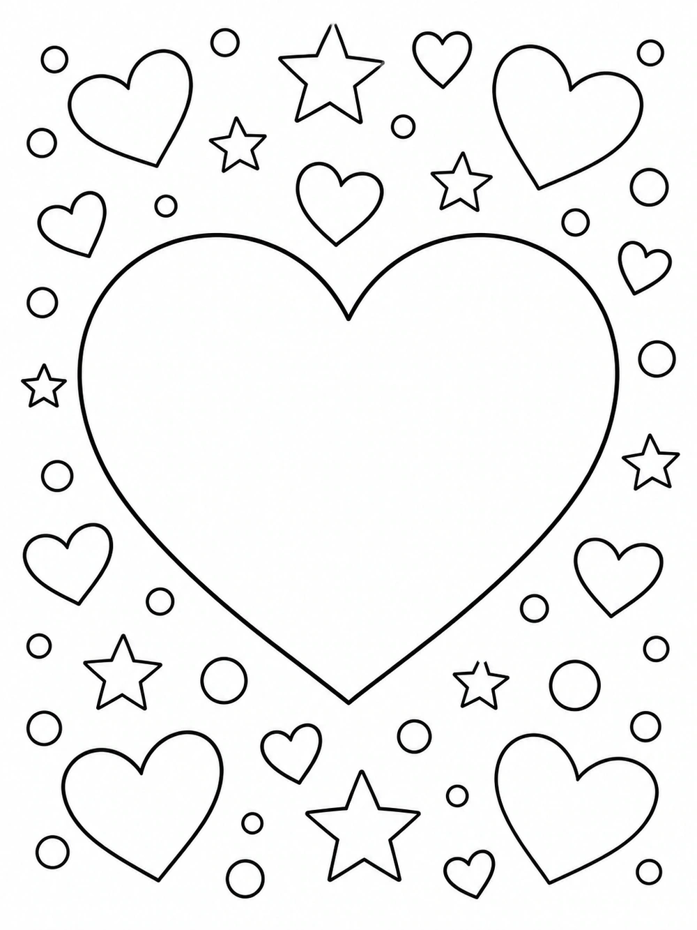 Heart coloring page with one large outlined heart and scattered smaller hearts, stars, and circles