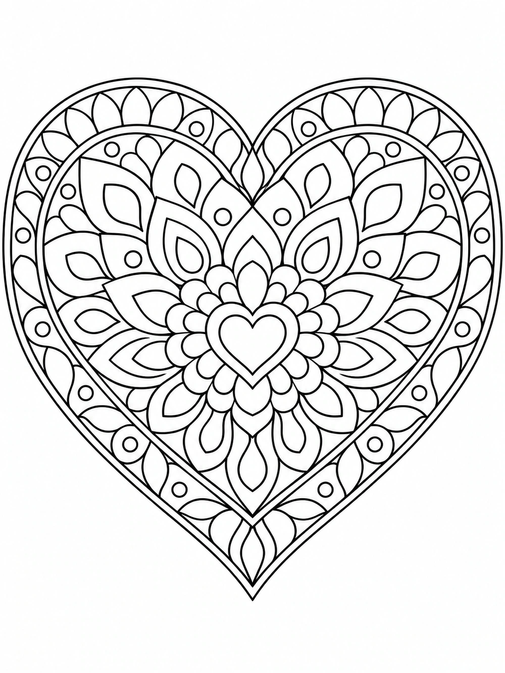 Heart mandala coloring page with symmetrical petals, teardrops, and geometric details.
