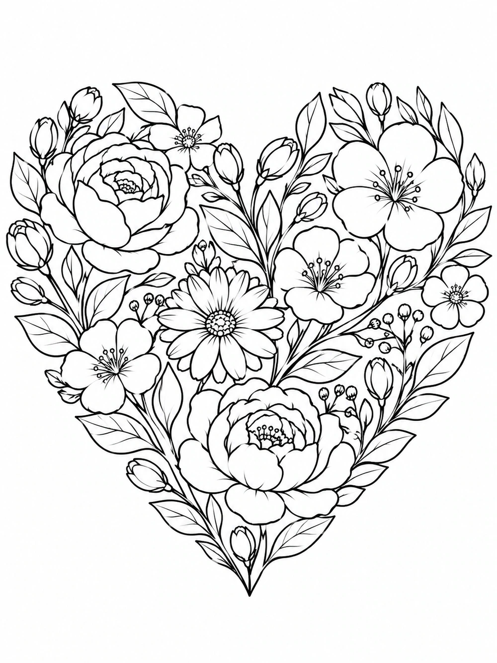Floral heart coloring page with outlined blossoms, buds, and leaves.