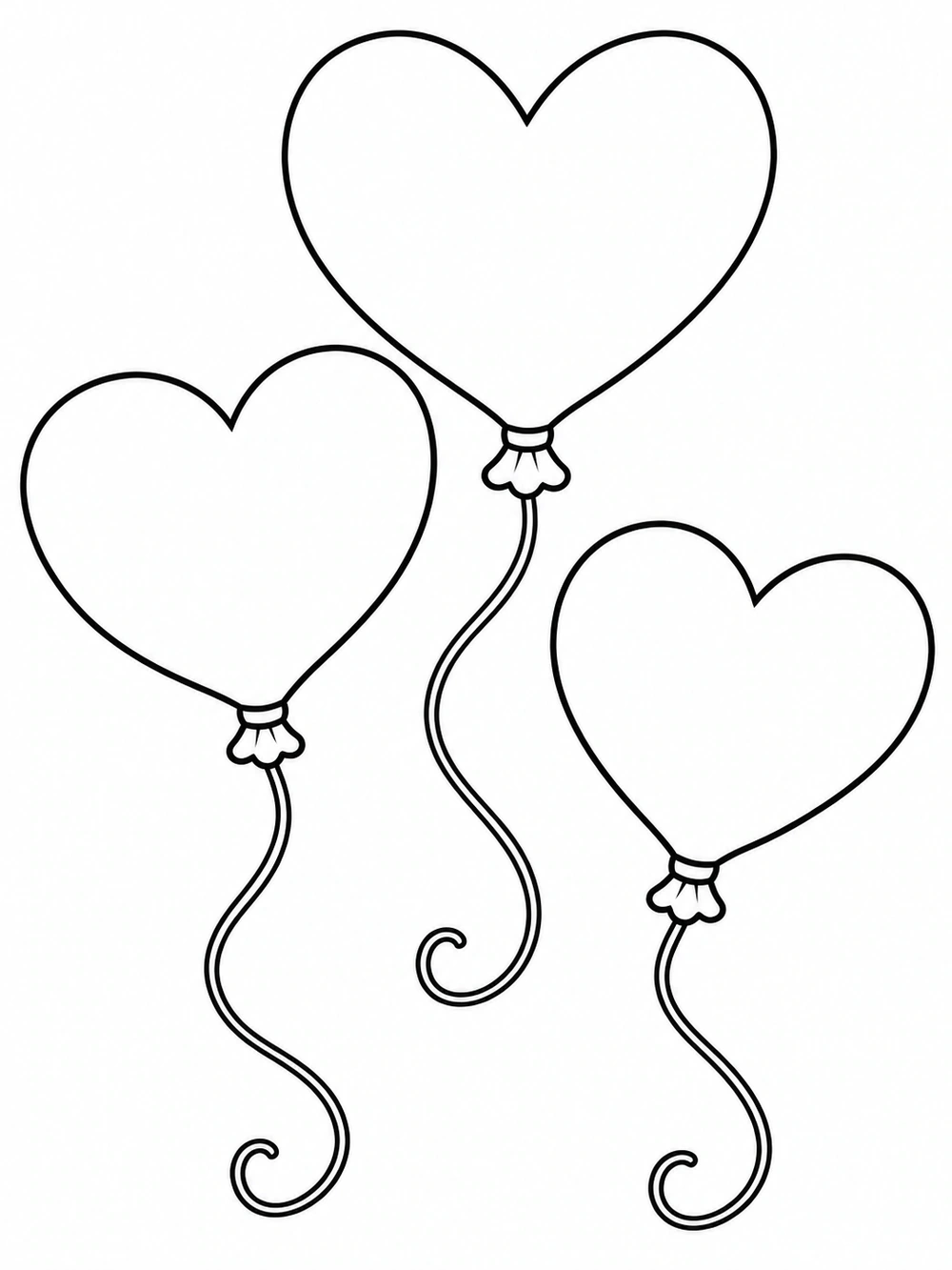 Printable coloring page with three outlined heart-shaped balloons and curling strings.