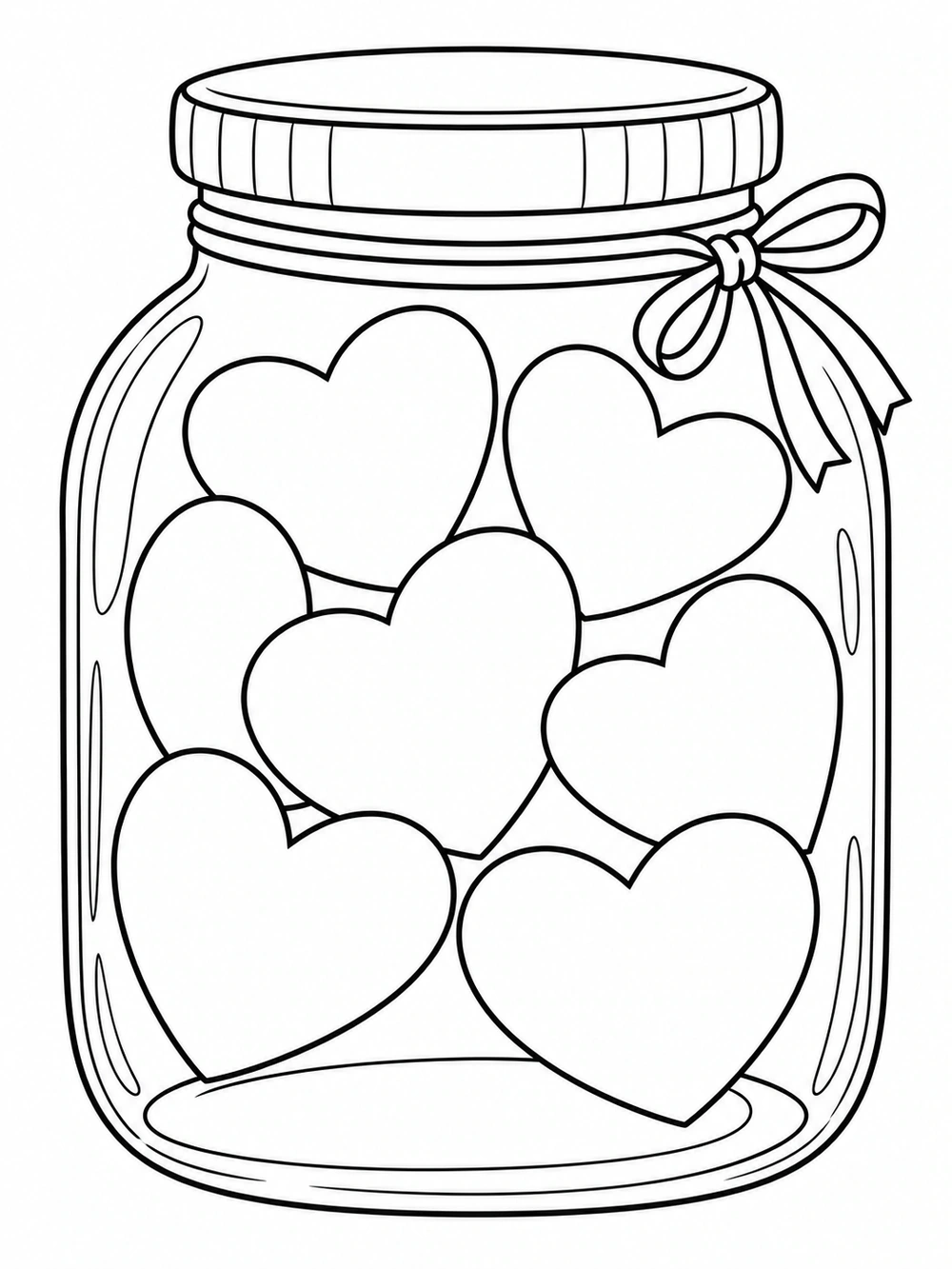 Glass jar filled with outlined hearts, topped with a lid and tied ribbon.
