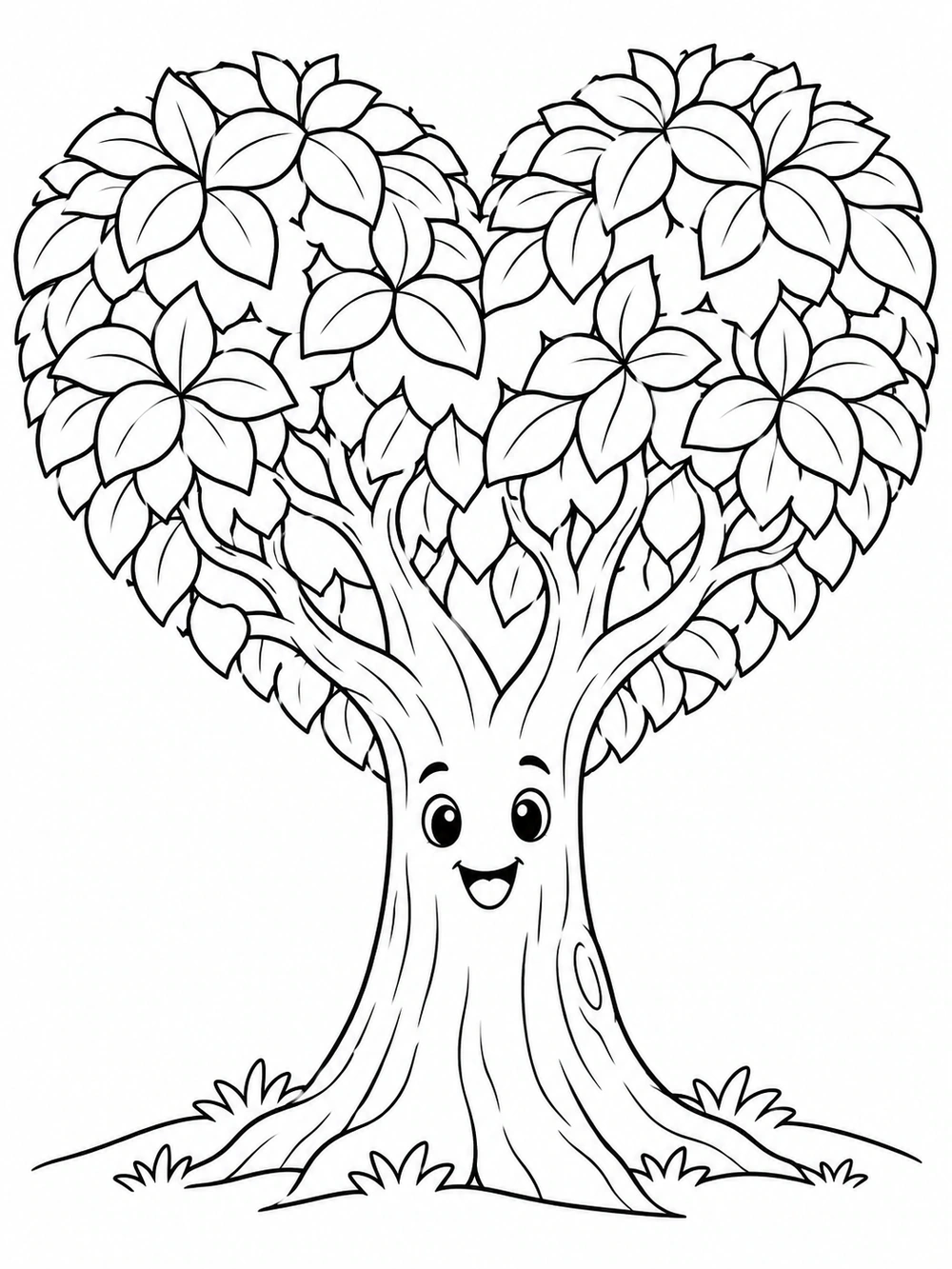 Friendly smiling tree with branching trunk, clusters of outlined leaves forming a heart-shaped canopy, and a simple ground line.