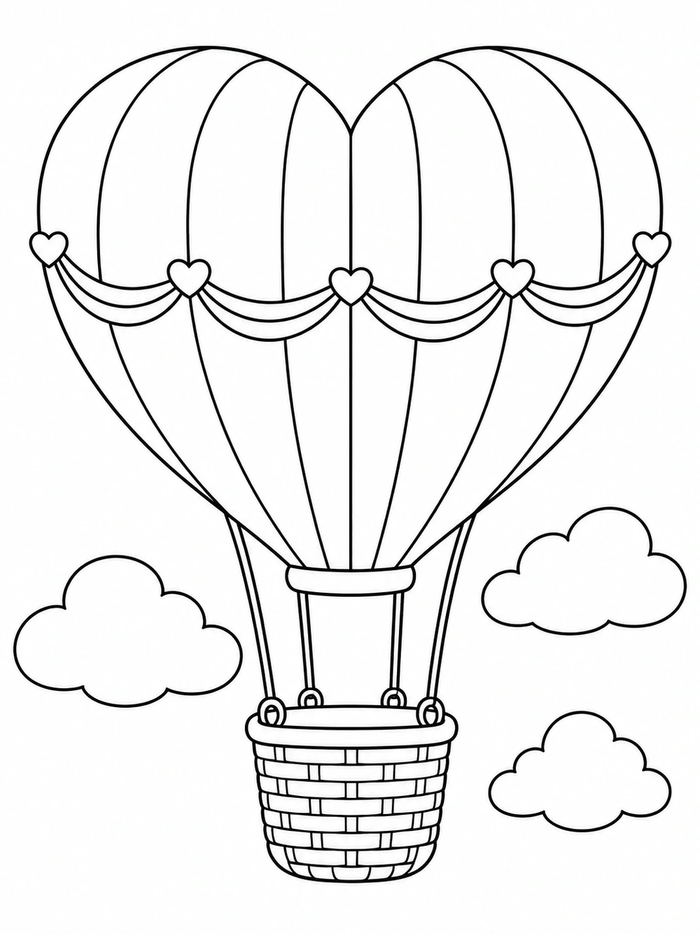 Heart-shaped hot-air balloon with a woven basket and three clouds in a black-and-white coloring page.
