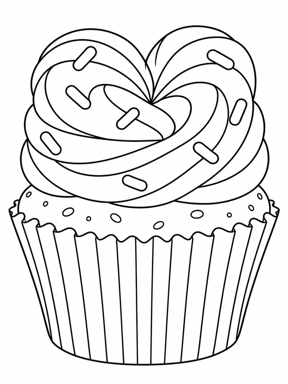 Cupcake coloring page with heart-shaped frosting, outlined sprinkles, and a ridged wrapper.