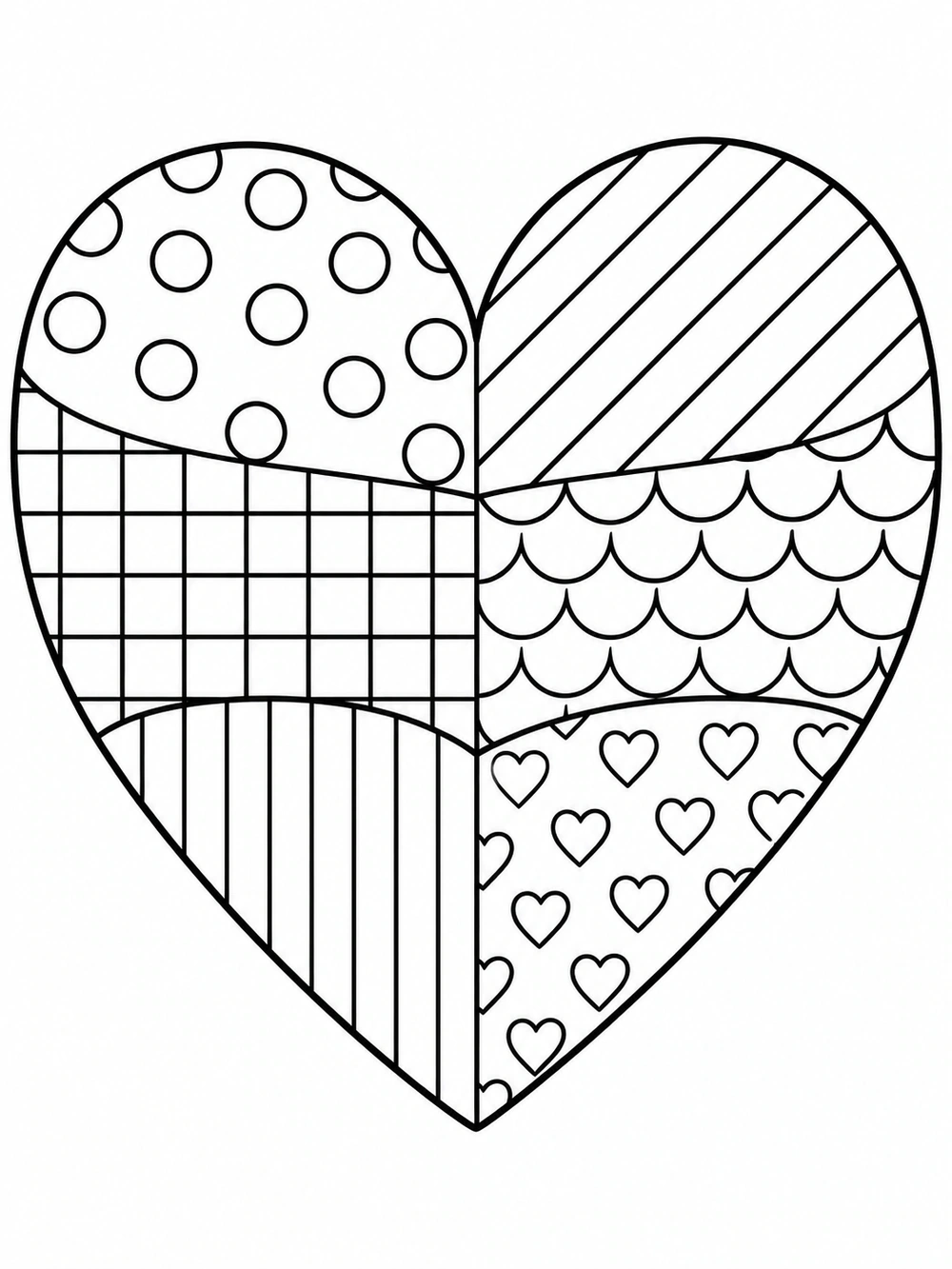 Patchwork heart coloring page with dotted, striped, checked, scalloped, and tiny-heart panels.