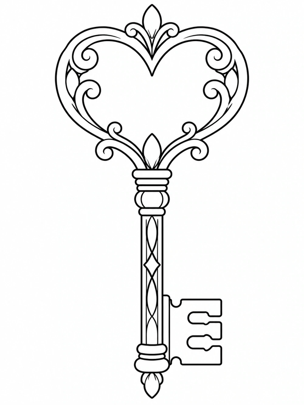 Black-and-white coloring page of an ornate upright key with a large open heart-shaped bow and decorative stem.
