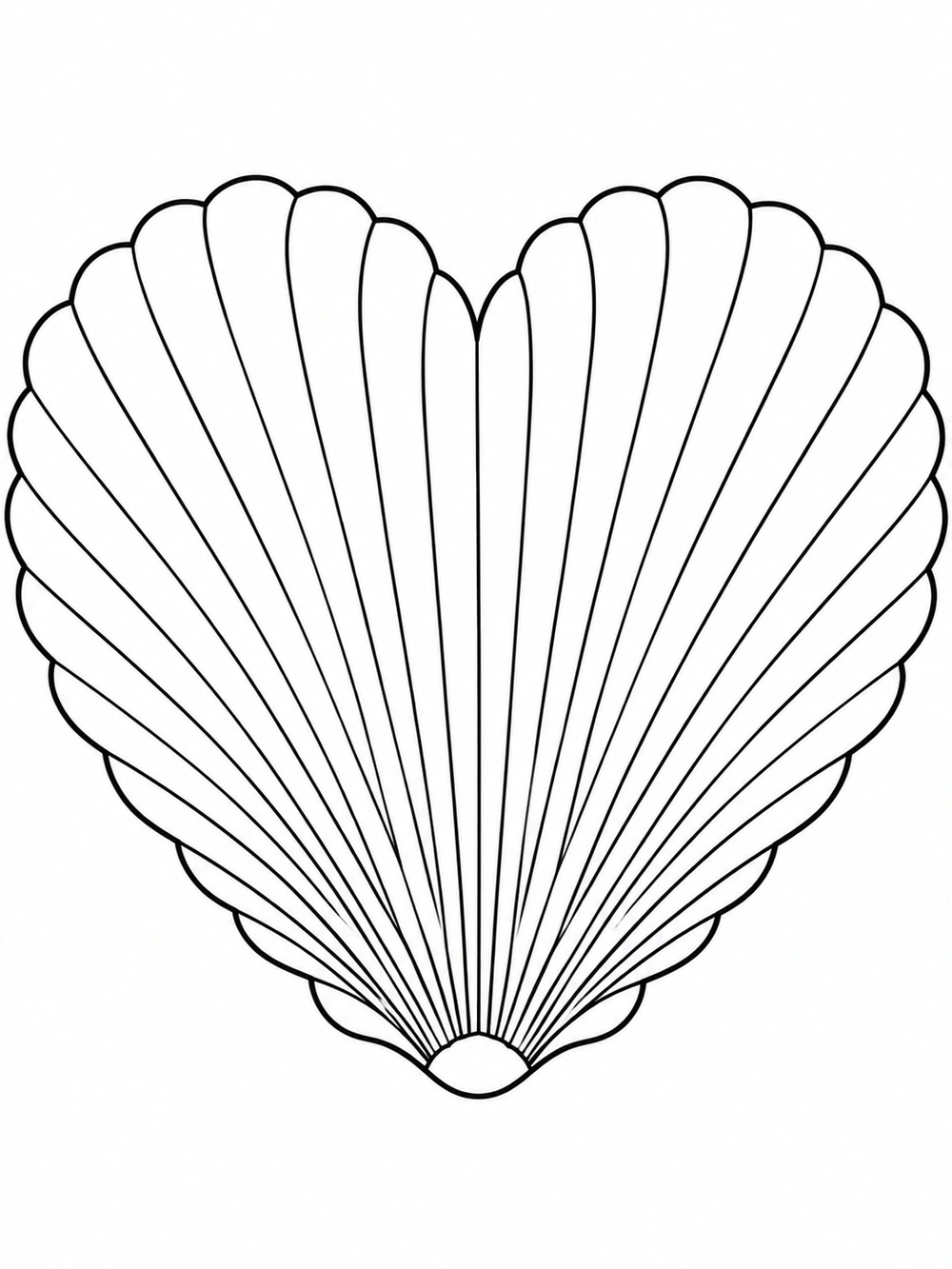 Heart-shaped scallop shell with radiating ridges in a black-and-white coloring page.