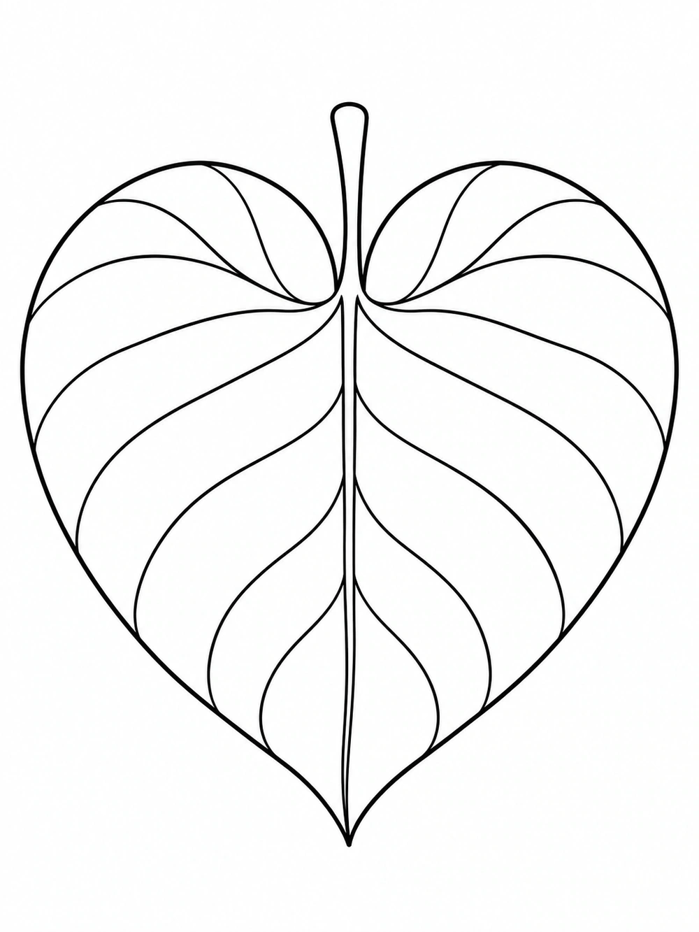 Heart-shaped leaf coloring page with a central stem and gently curving veins.