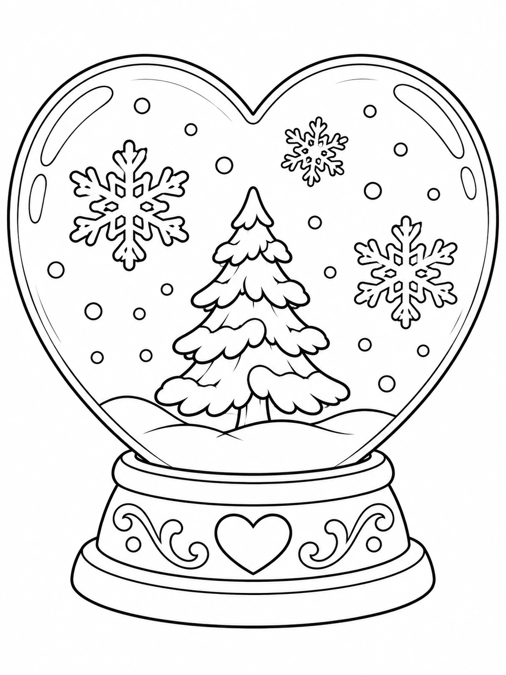 Heart-shaped snow globe coloring page with a decorated pedestal, evergreen tree, and snowflakes