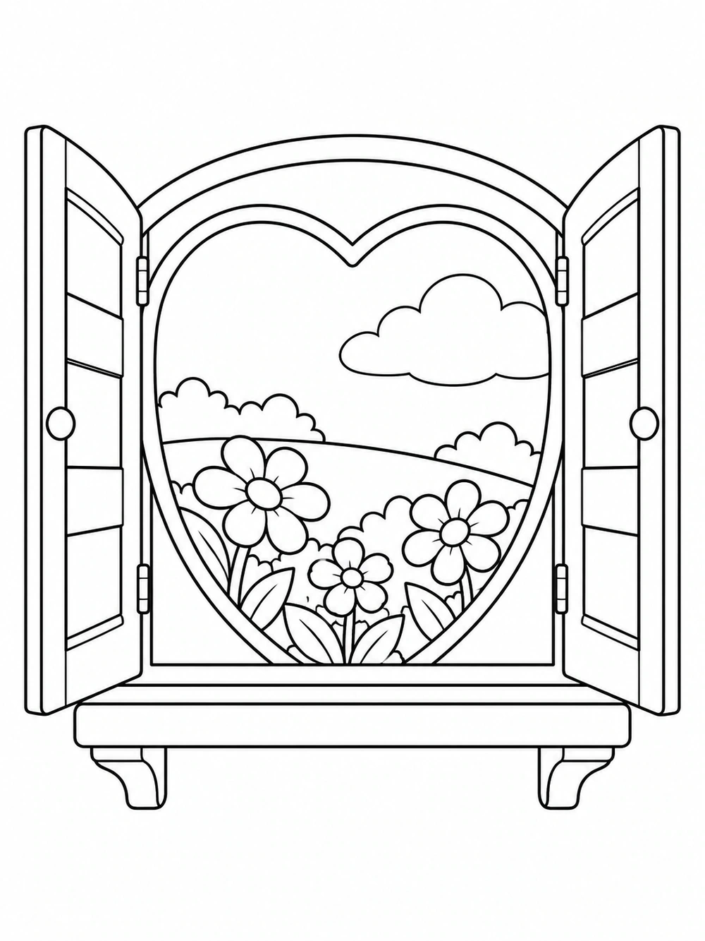 Black-and-white coloring page of an open-shuttered window with a heart-shaped view of flowers, rolling garden hills, and a cloud.