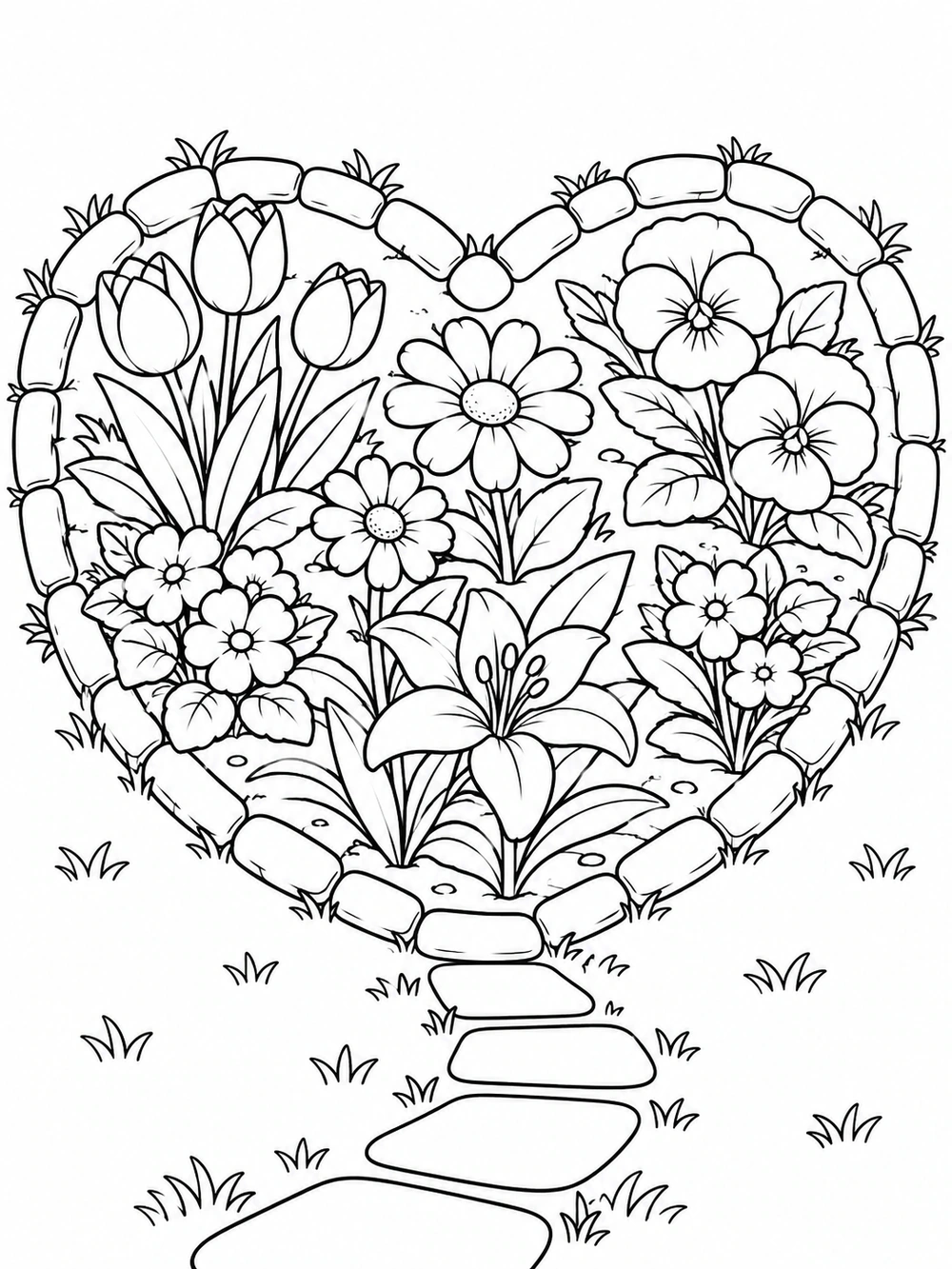 Heart-shaped stone garden bed filled with flowers and leaves, with a curved path in front, drawn in black outlines on white.