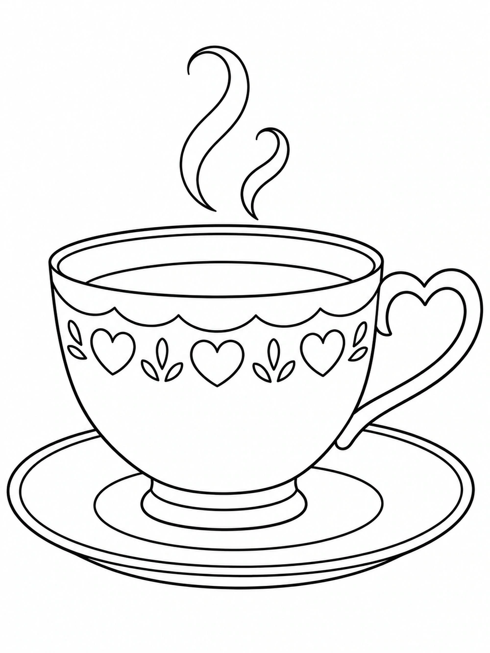 Black line art coloring page of a teacup with a heart-shaped handle, heart and leaf decoration, matching saucer, and two curling steam lines.