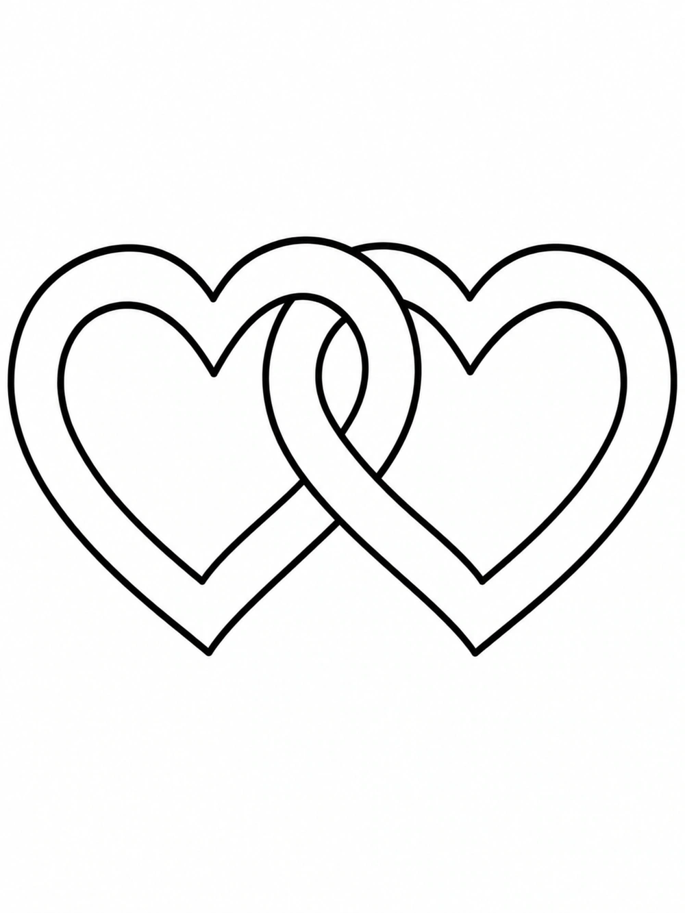 Two large, outlined hearts interlocking at the center on a white coloring page.