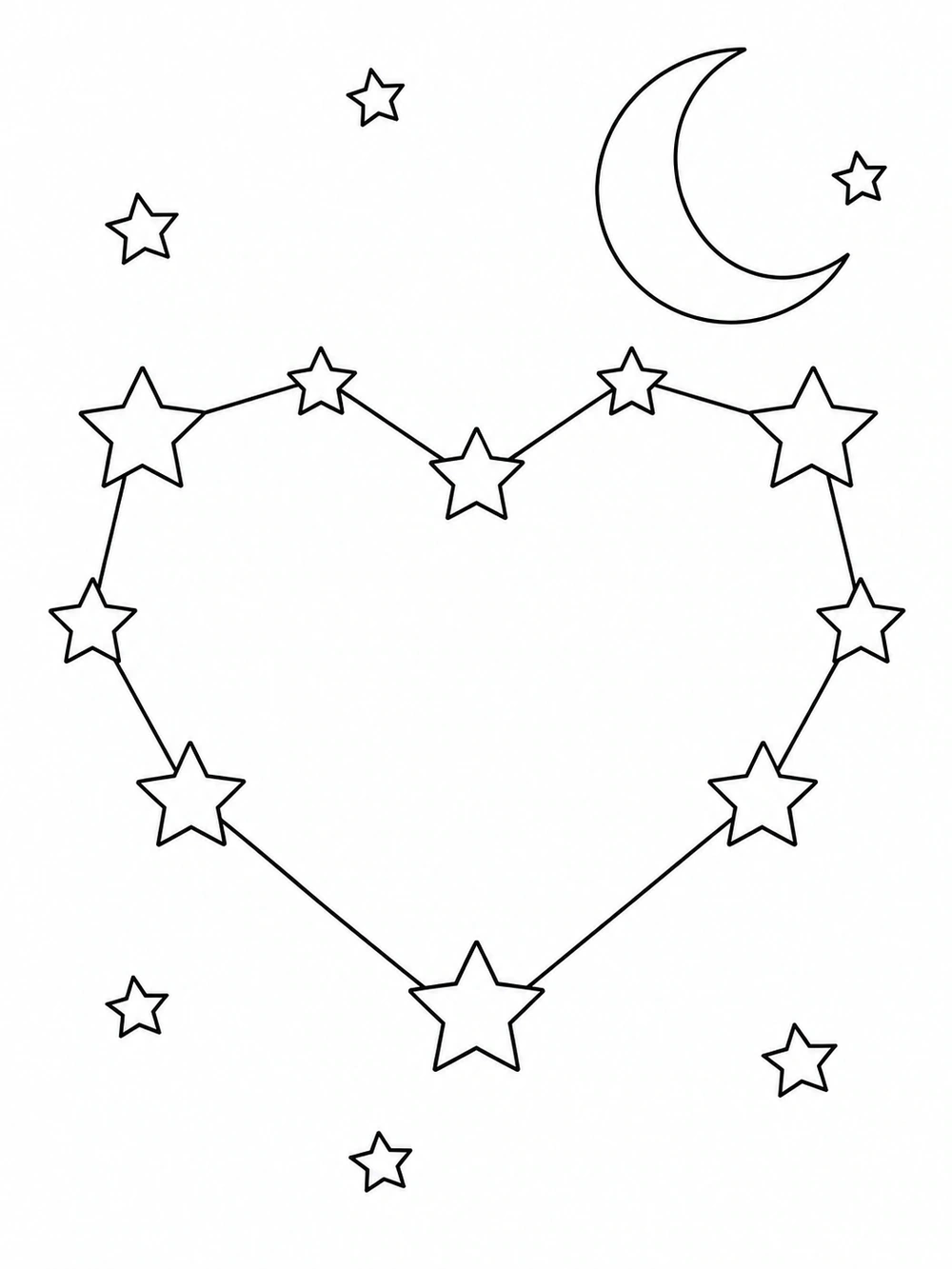 Black outline heart-shaped constellation of connected stars, with a crescent moon and scattered stars on a white page.