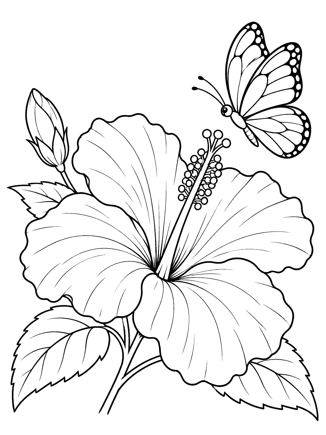 Black-and-white hibiscus coloring page with a butterfly hovering above the flower and leaves around it.
