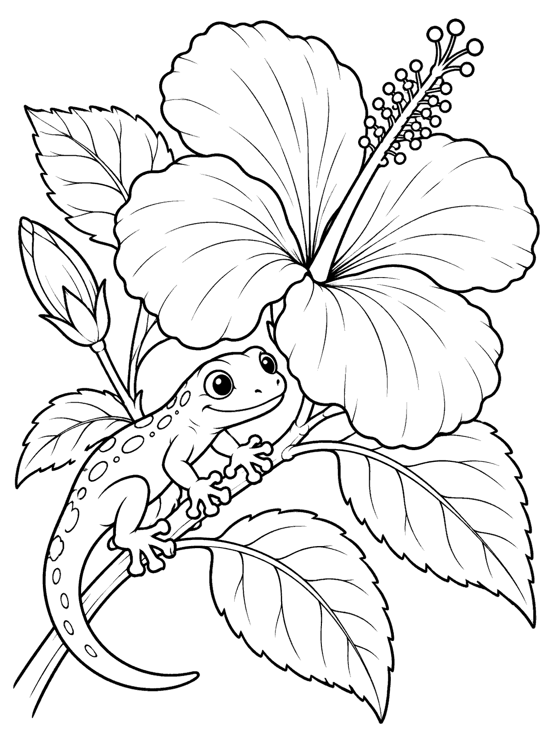 Friendly gecko perched on a leafy hibiscus branch in black-and-white line art.