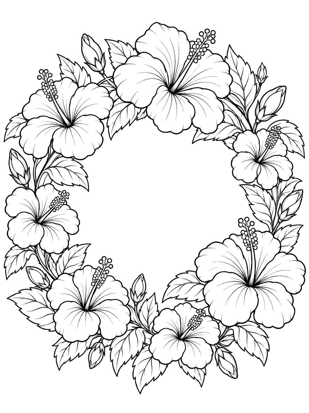 Black outline coloring page of a circular hibiscus wreath with varied blooms, buds, and leaves.