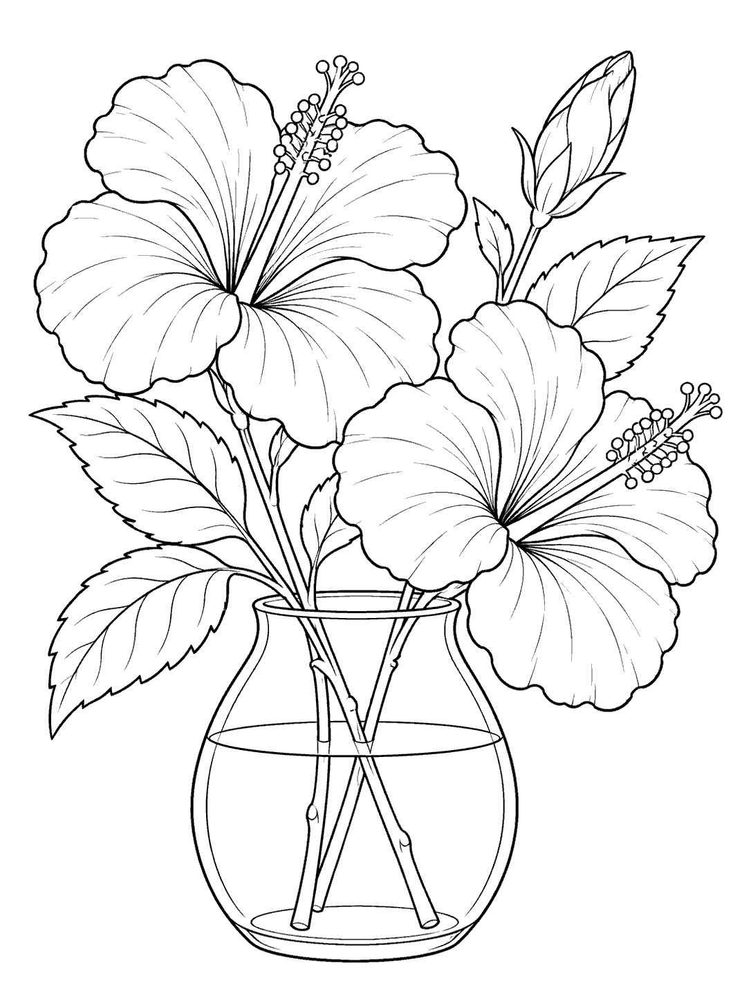 Black-and-white hibiscus coloring page showing two open flowers, one bud, and three stems in a glass vase.