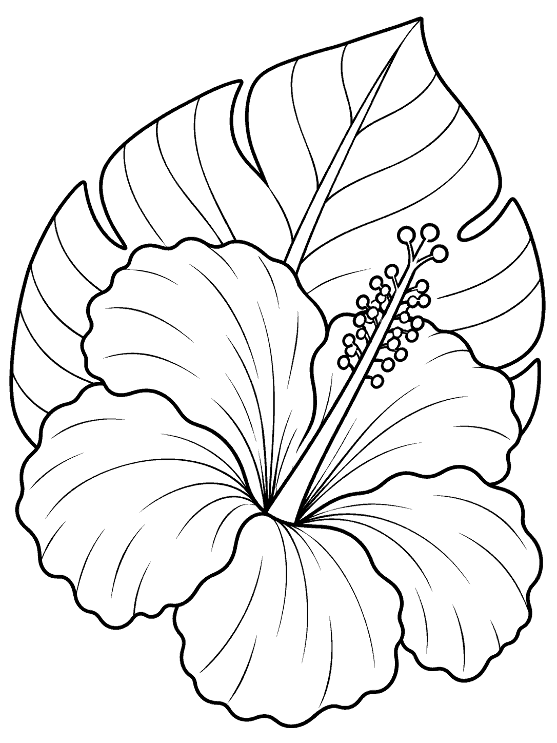Black-and-white hibiscus flower with a tropical leaf coloring page