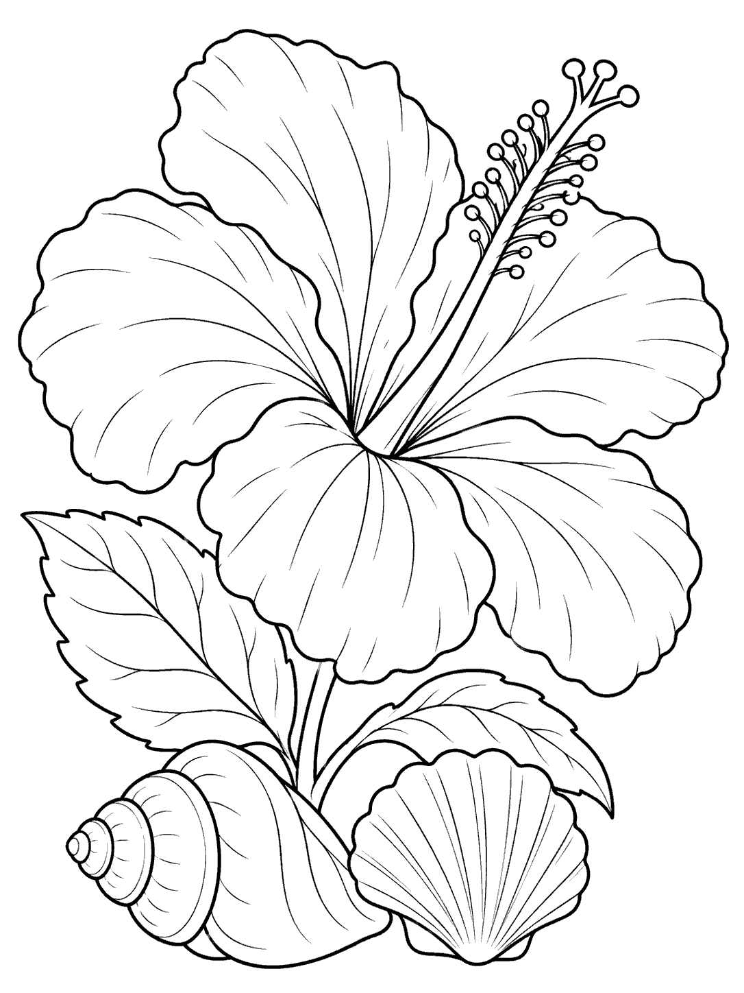 Black outline coloring page of a large hibiscus flower with leaves and two seashells near its stem.