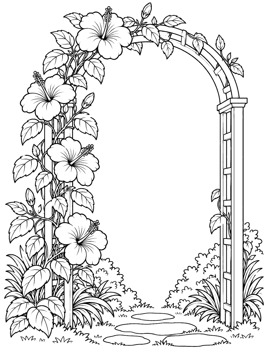 Hibiscus vine climbing a garden arch coloring page