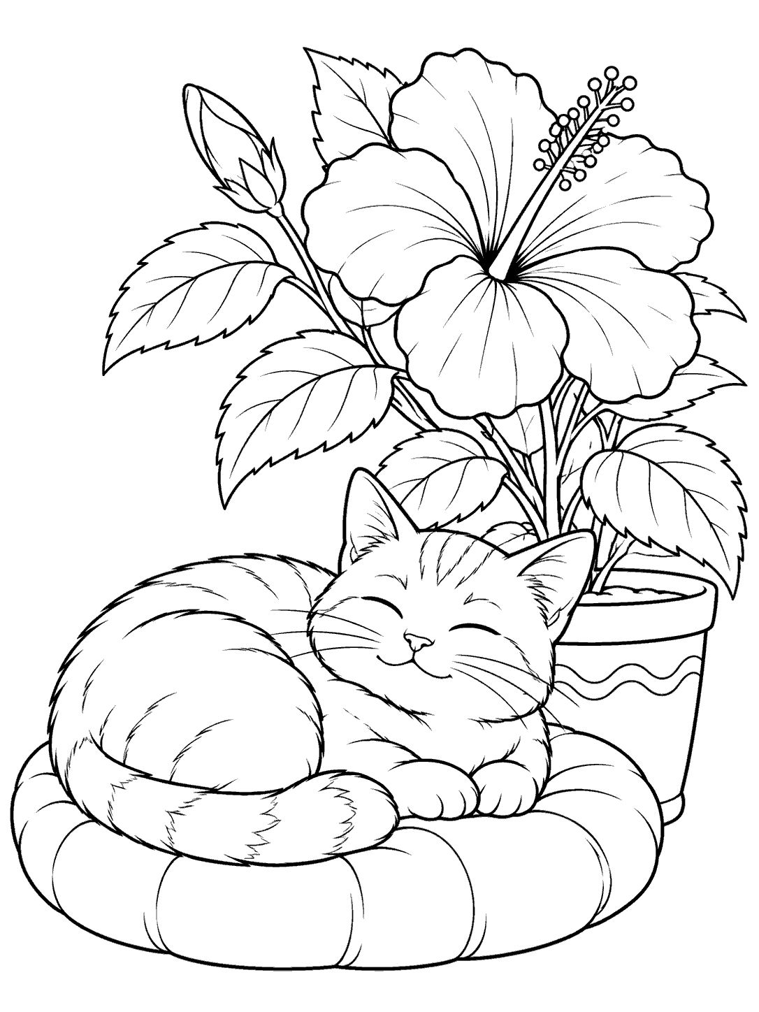 Sleeping cat curled on a cushion beside a large potted hibiscus bloom, black-and-white coloring page