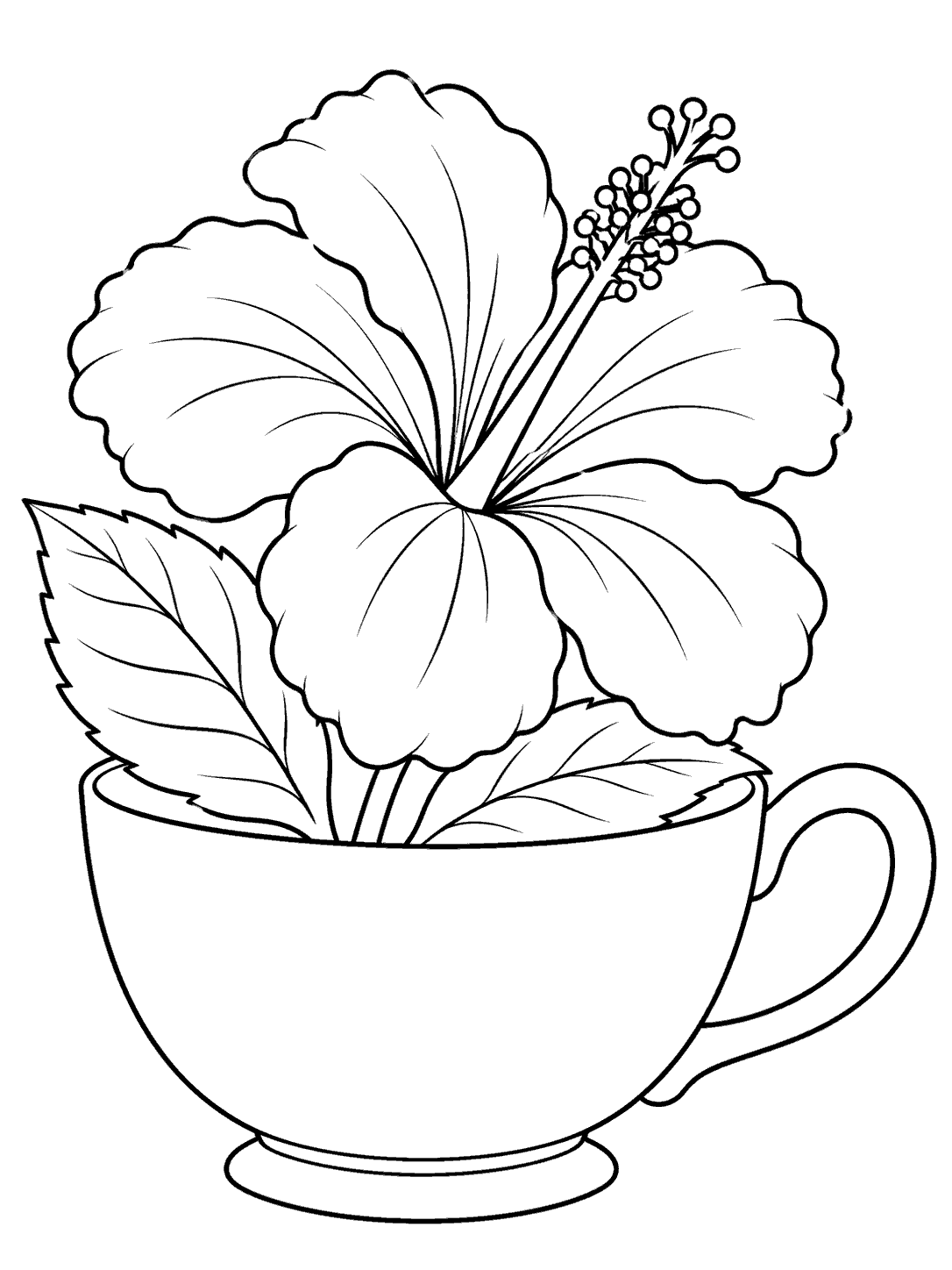 Black-and-white hibiscus coloring page with one large flower and two leaves arranged in a teacup with a visible handle.
