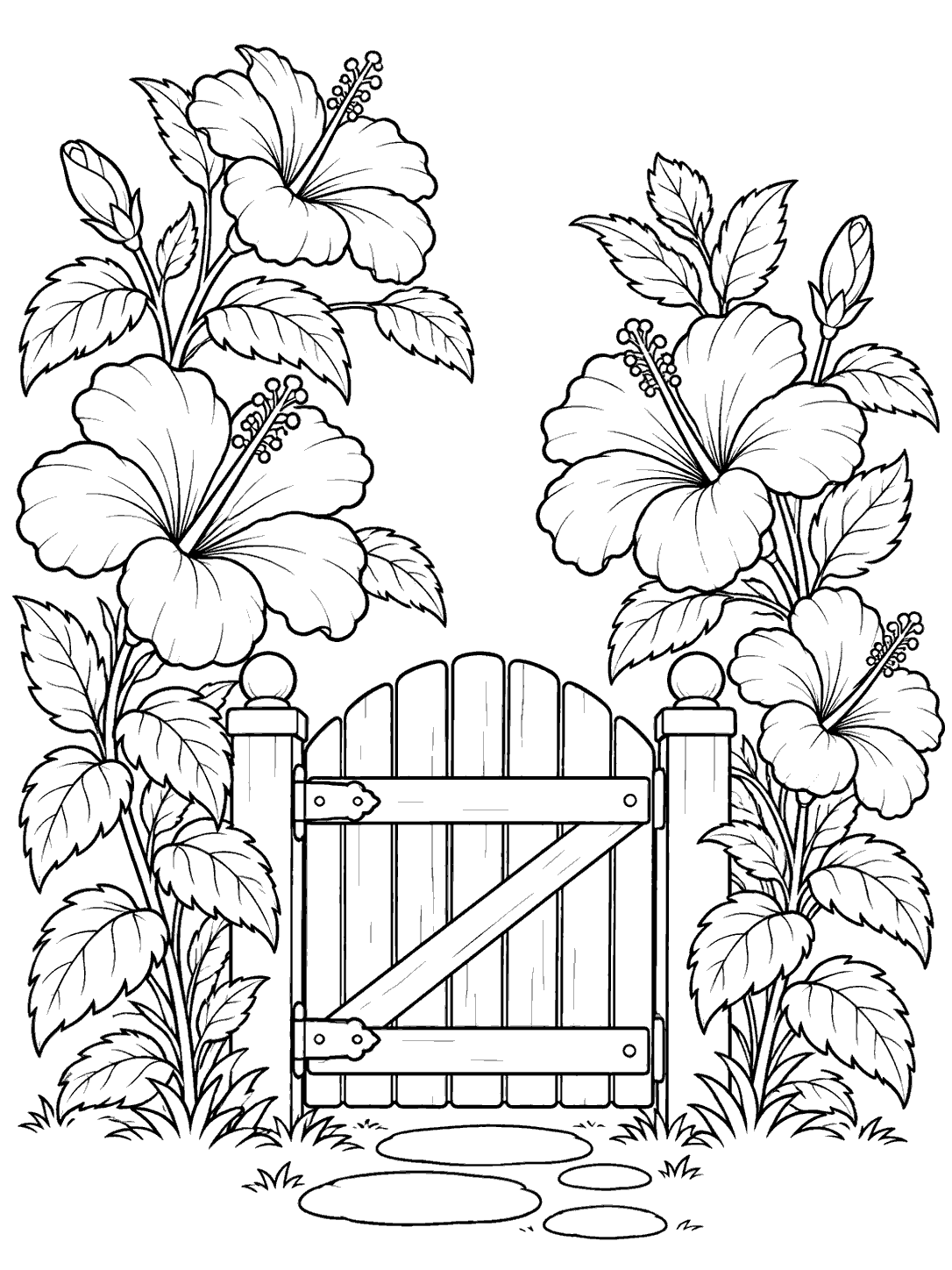 Black-outline hibiscus flowers and leafy branches framing a garden gate on a portrait coloring page