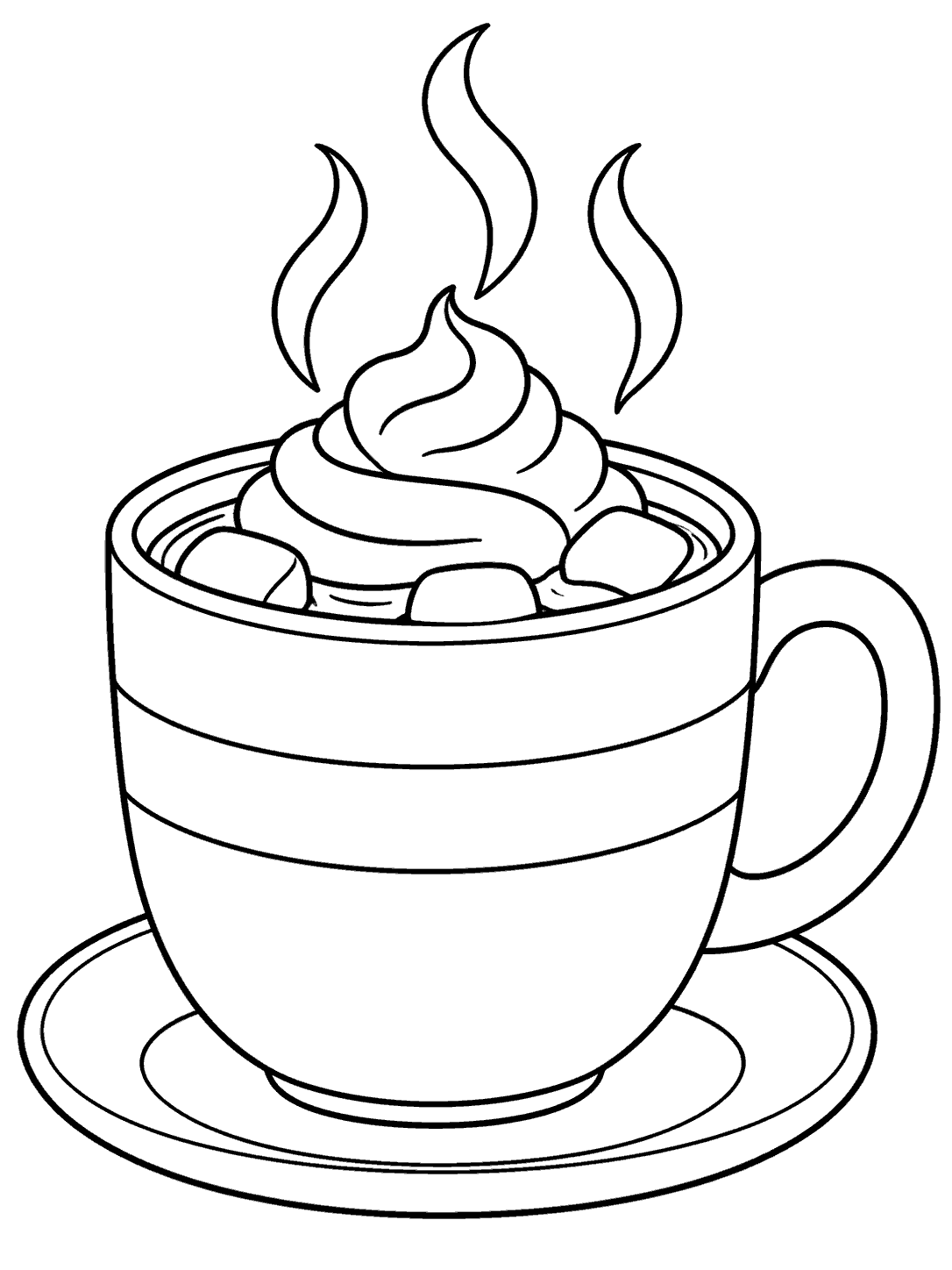A large striped mug of hot chocolate topped with whipped cream and three curling steam lines, resting on a saucer.