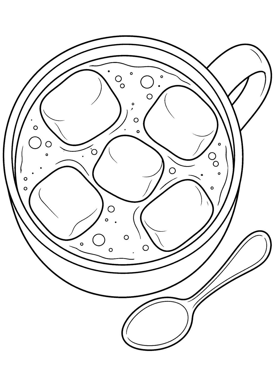 A top-down cocoa cup with five marshmallows, a simple handle, and a spoon beside it.