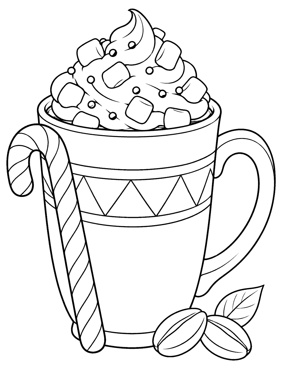 A tall geometric-band hot chocolate mug with whipped cream, a curved candy cane, and cocoa beans